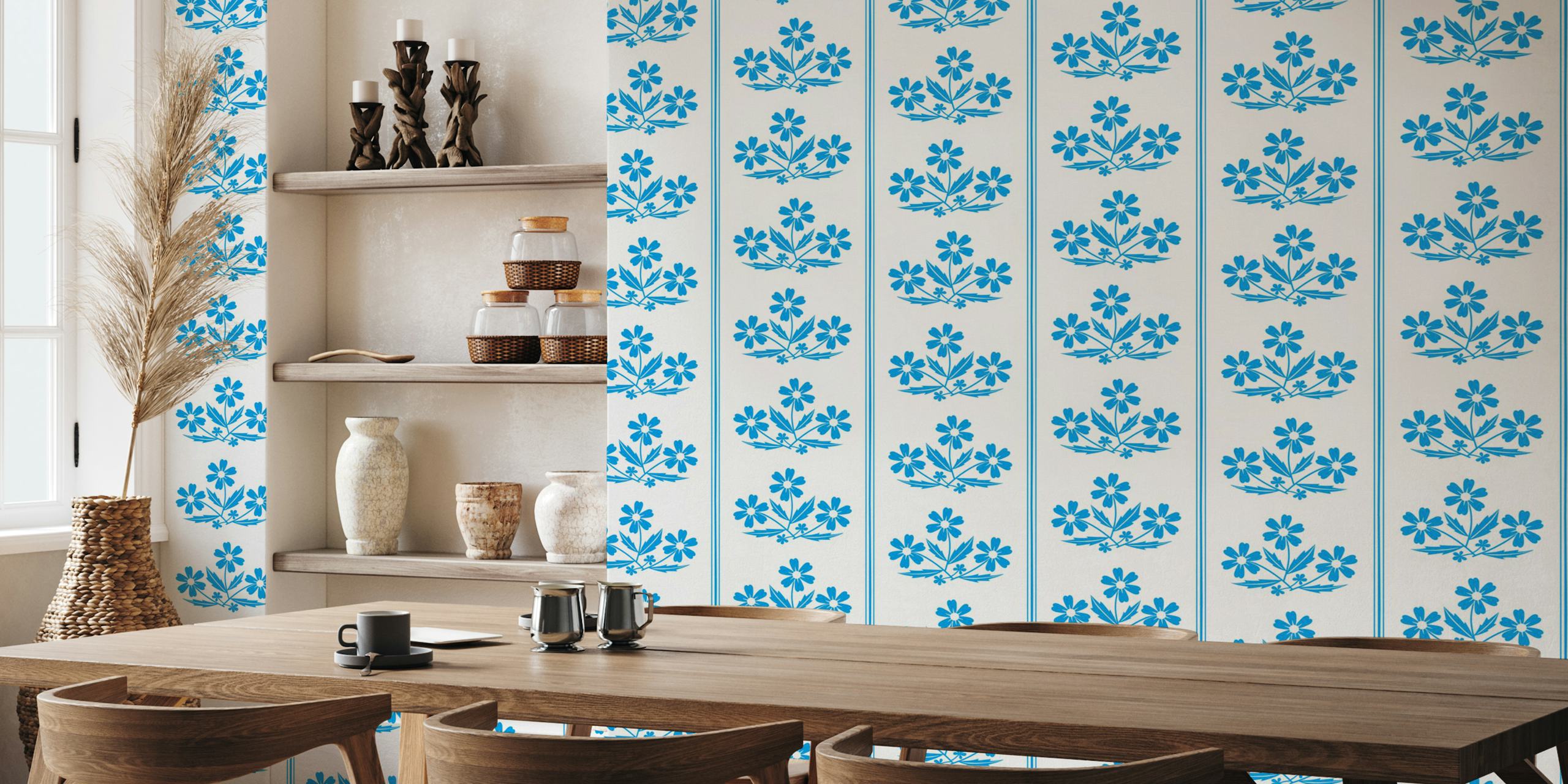 Blue cornflower floral pattern with white stripes wallpaper