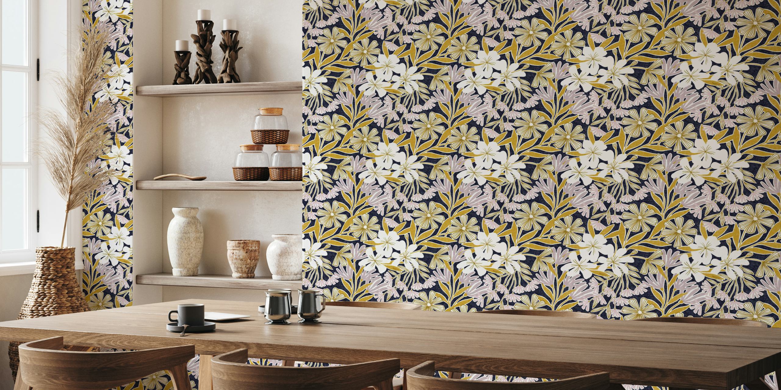 Breda gold and navy floral wallpaper in a room