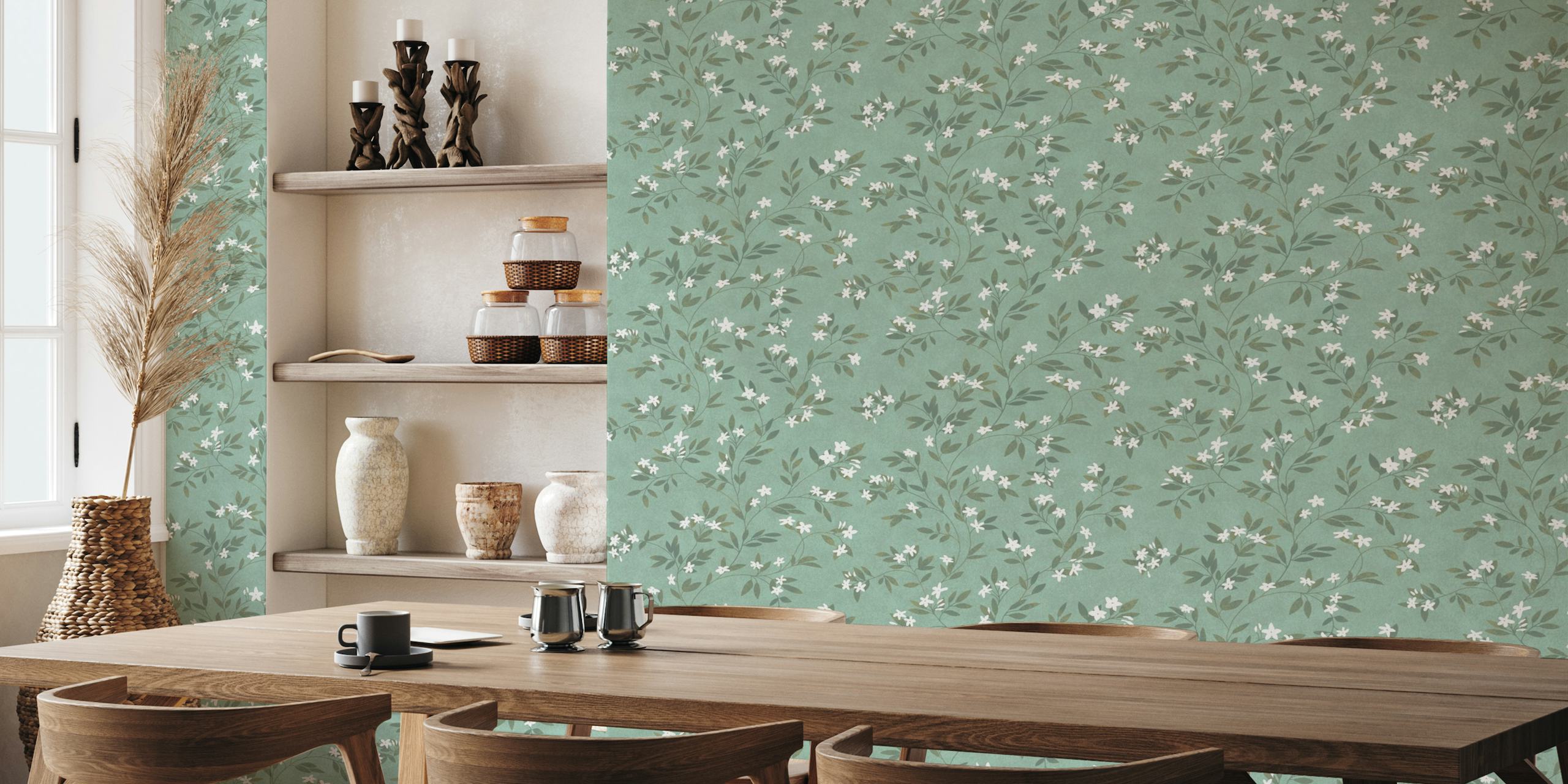 Sage green wall mural with white jasmine flowers and foliage pattern