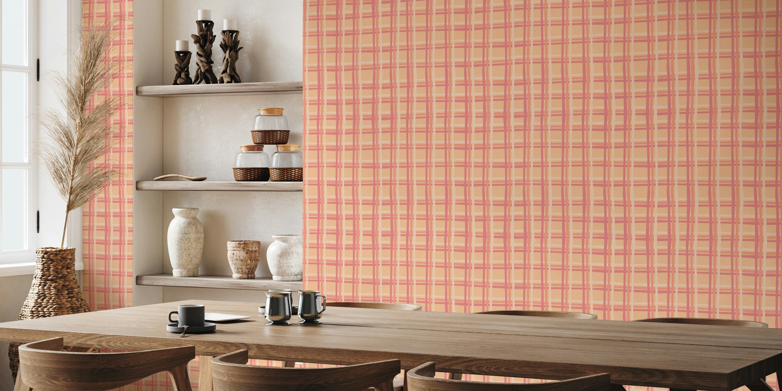 Håndtegne Stripper Plaid Grid Veggmaleri I Peach Fuzz