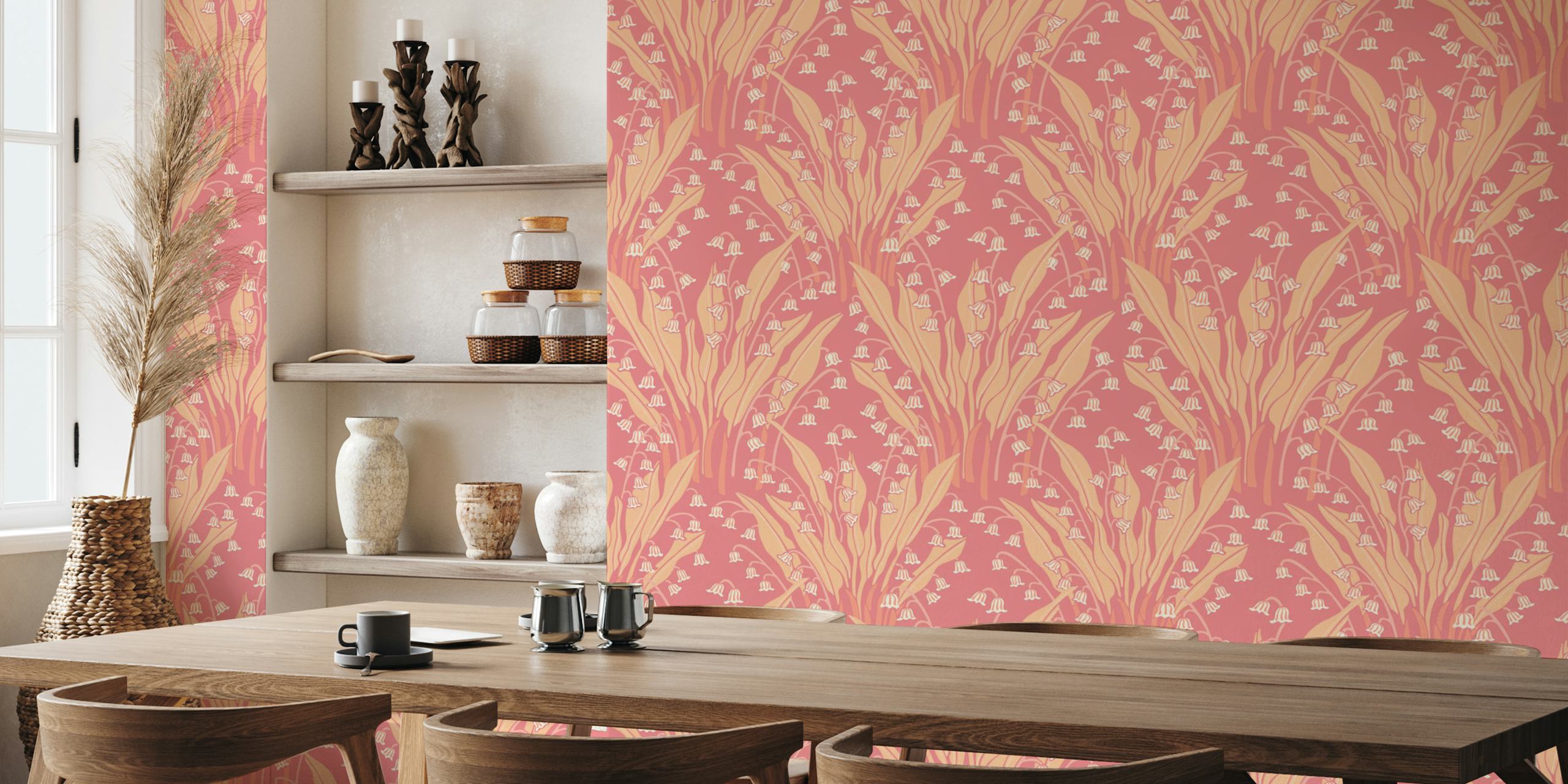 Bloemenmuurschildering van het Lelietje-van-dalen op een perzikachtergrond