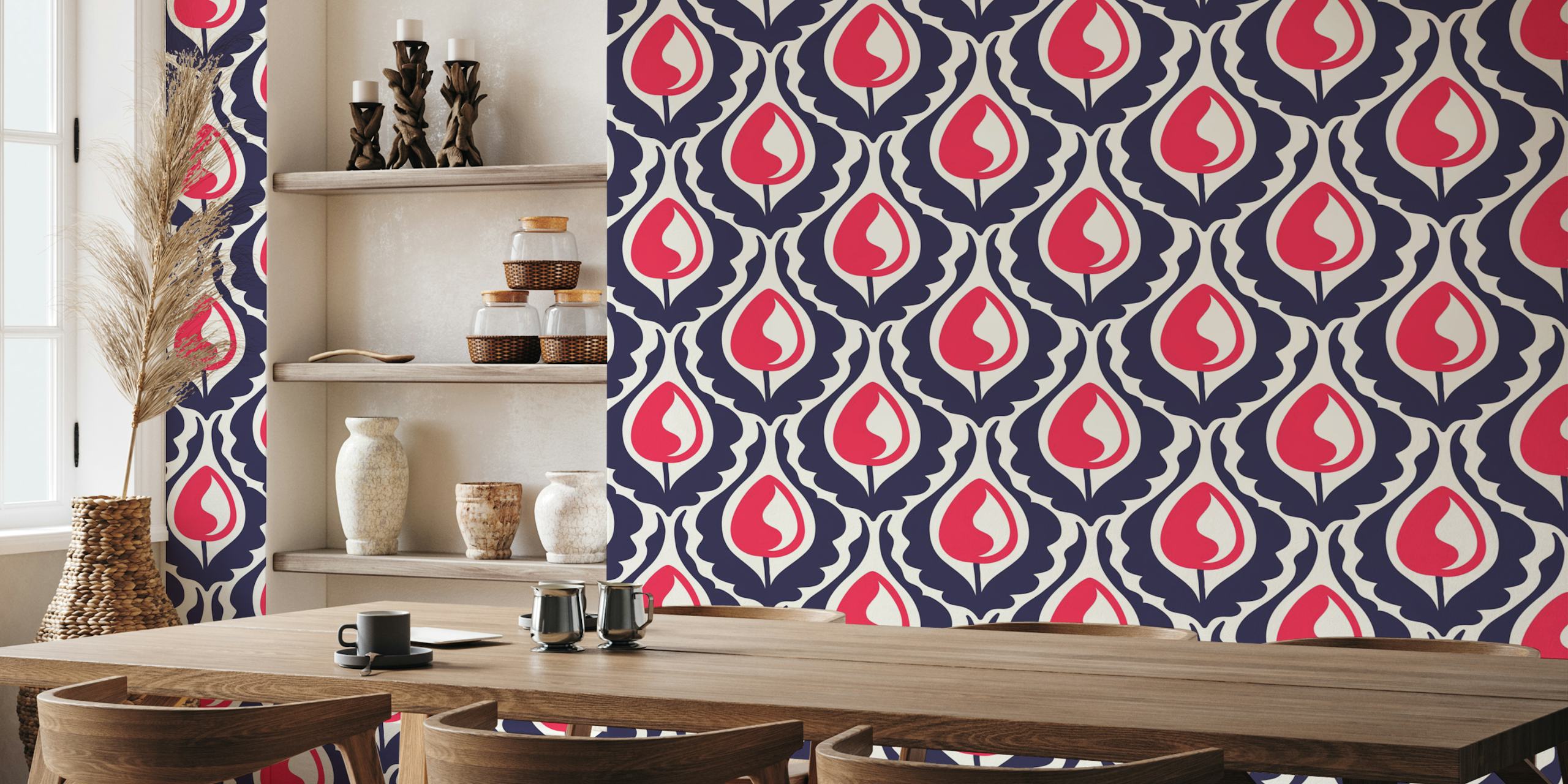 Vintage tulips wallpaper in navy red