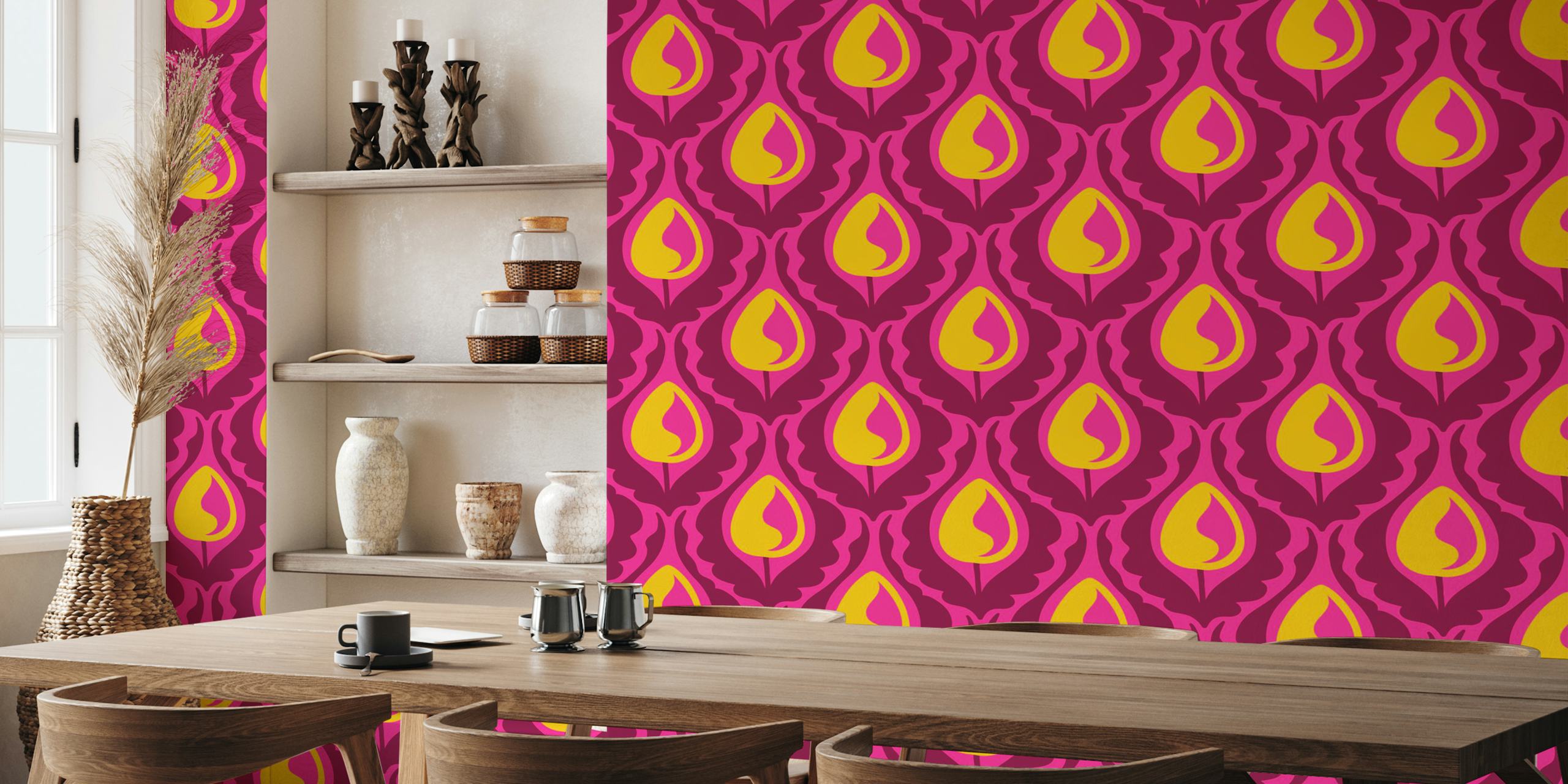 Vintage tulip wallpaper in a vibrant pink room