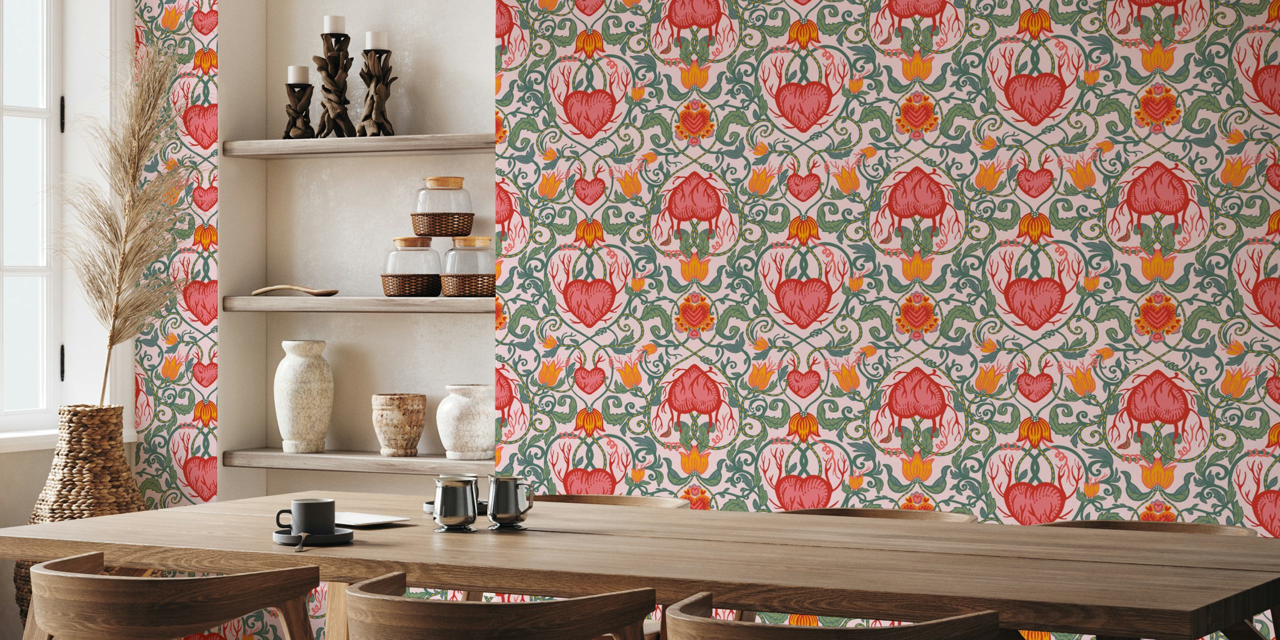 Victorian-style wall mural with valentines hearts and floral patterns