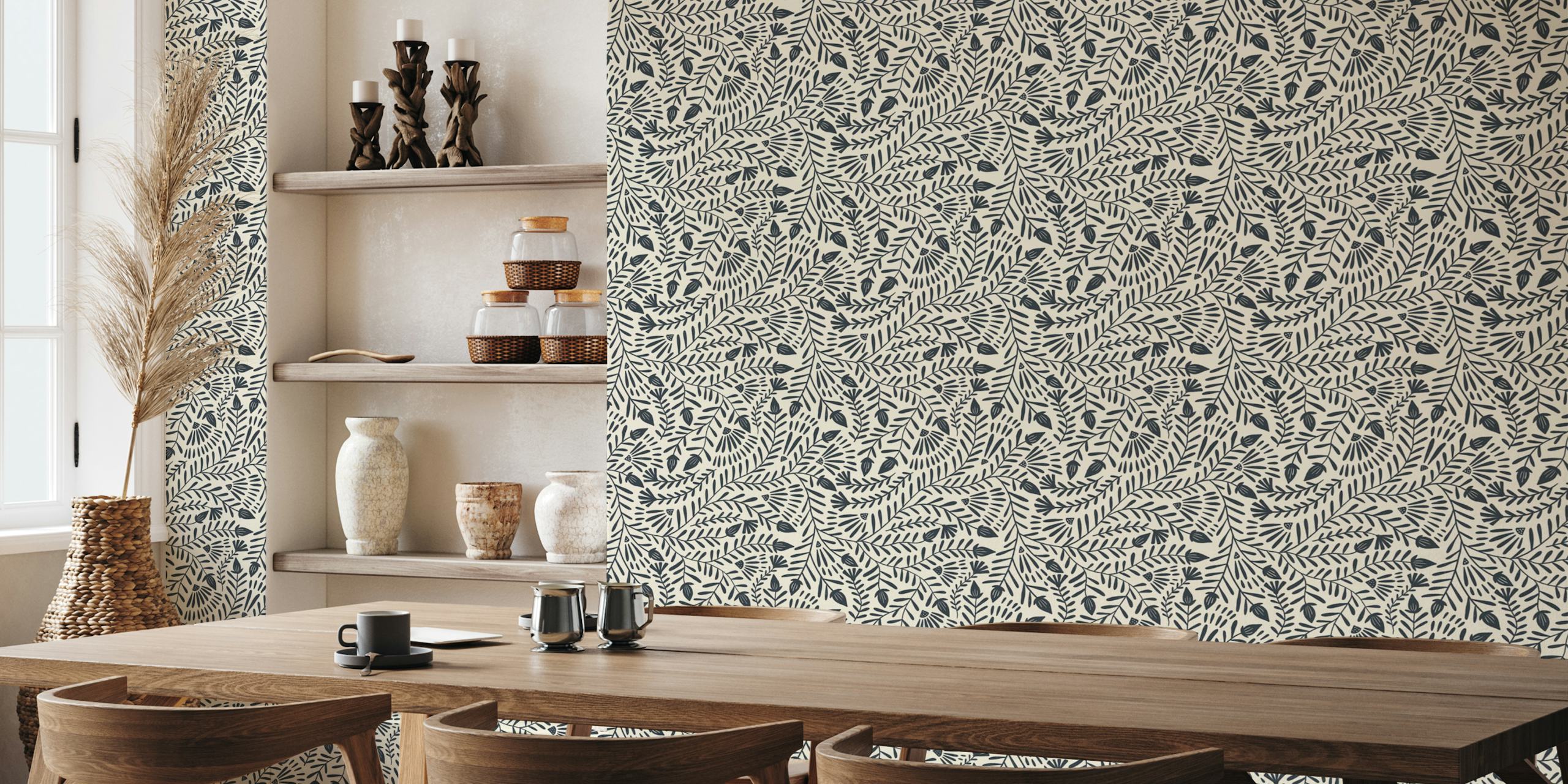 Monochrome floral pattern in dark blue on light beige wallpaper