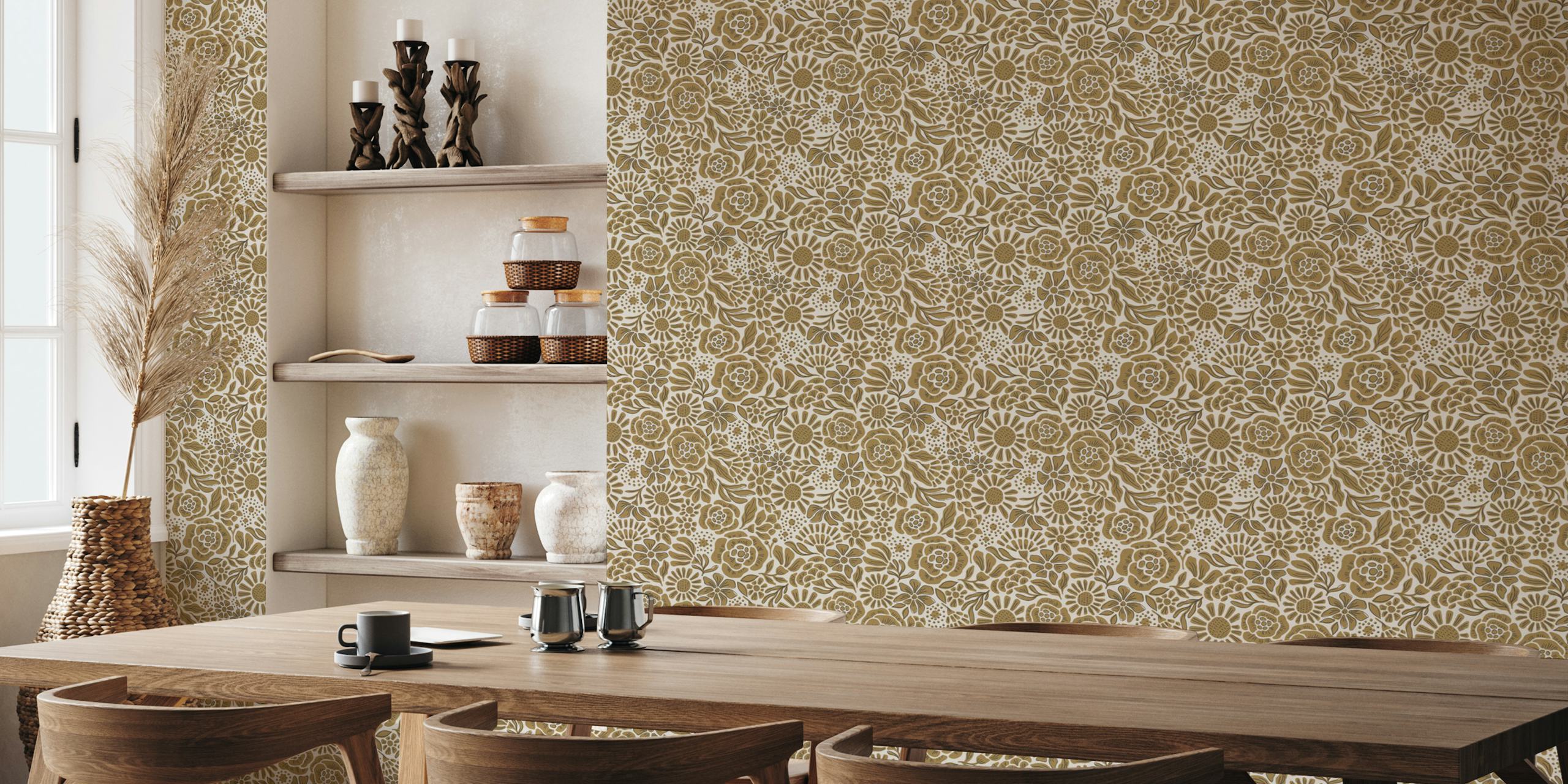 Gold floral pattern wallpaper with various flowers and leaves on a light background