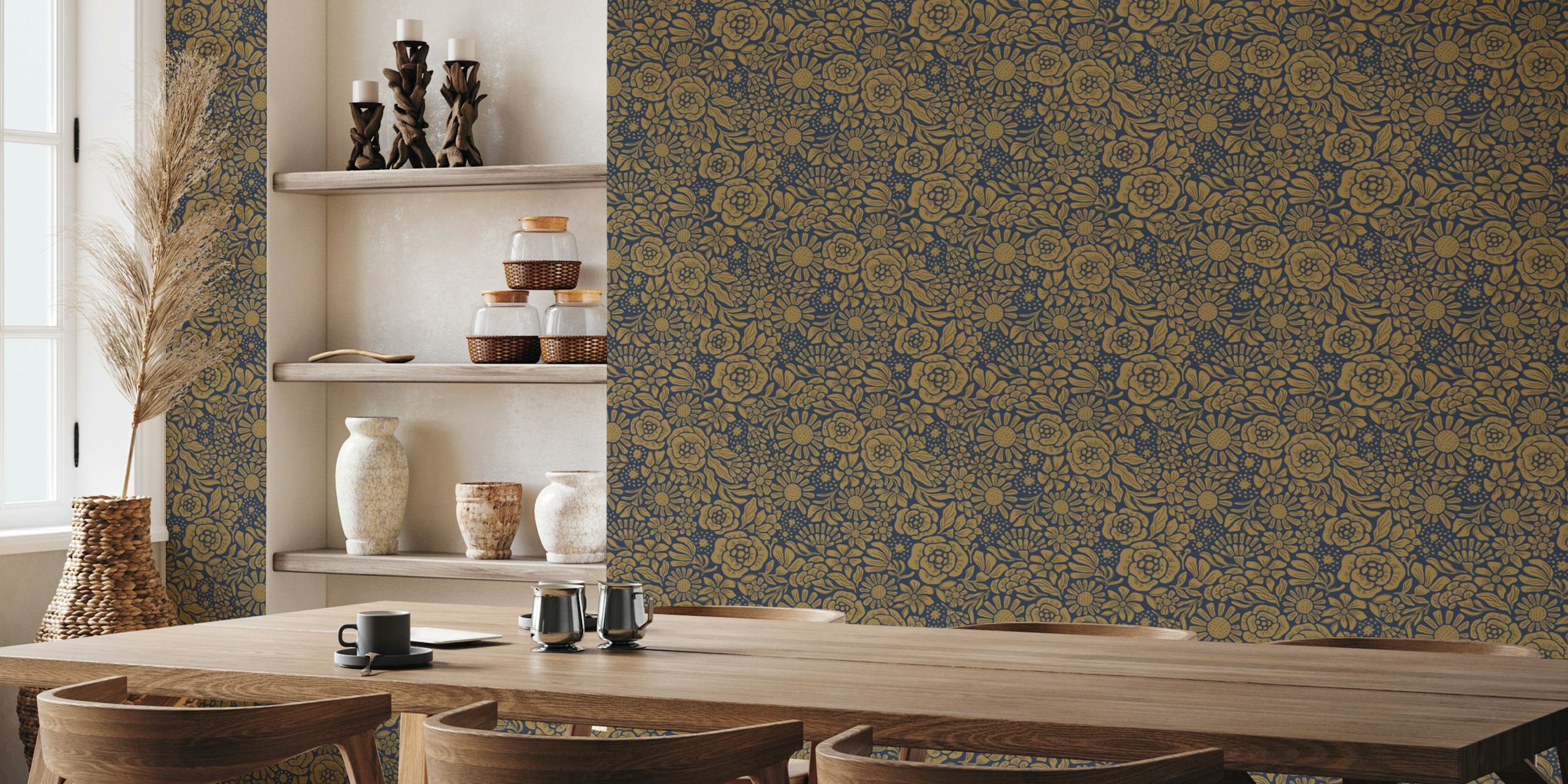 Marineblaues und goldenes Wandbild mit Blumenmuster namens Rita
