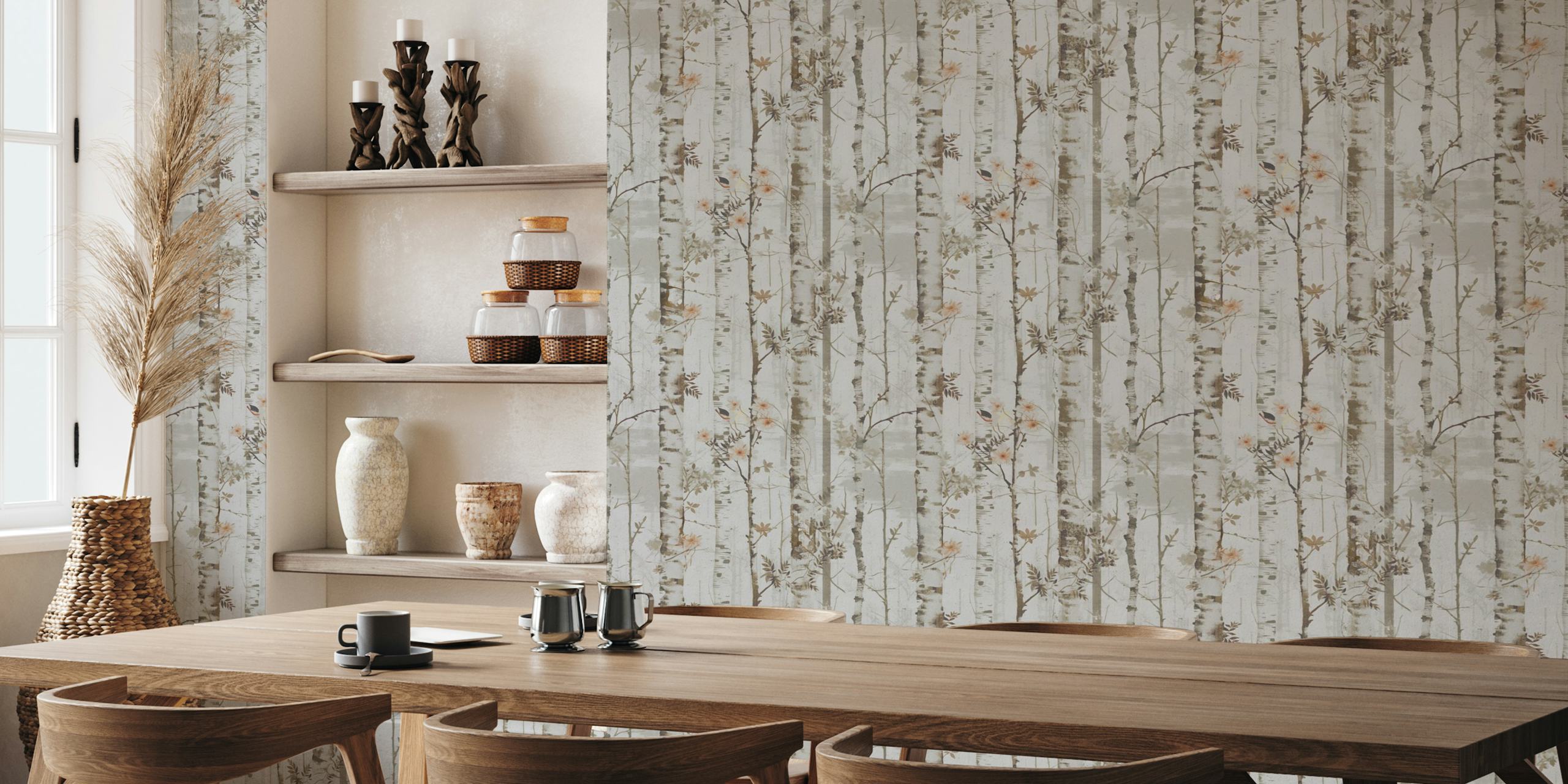 Winter birch forest wallpaper in a room