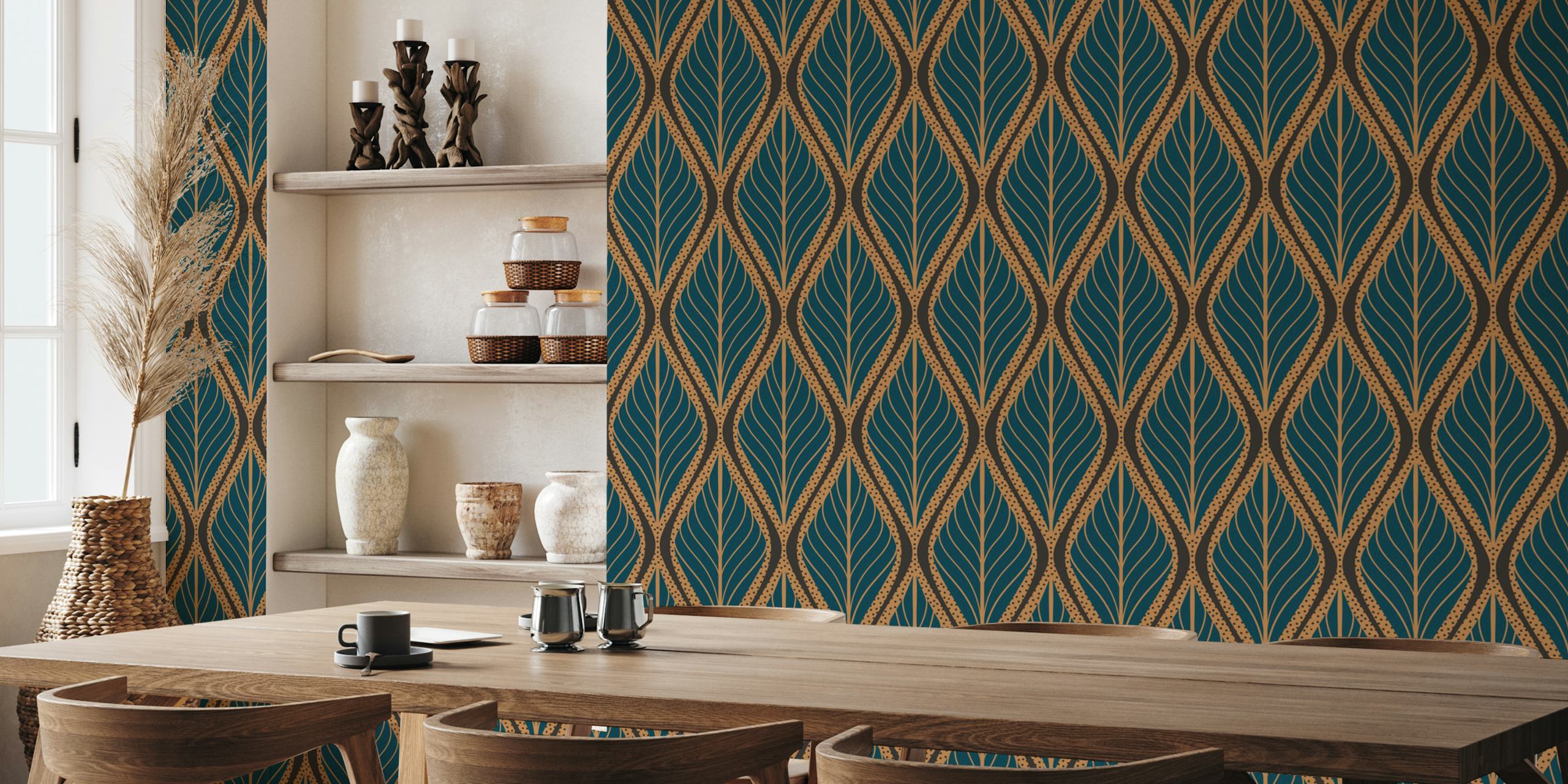 Abstraktní fototapeta se vzorem Art Deco Leaves Teal