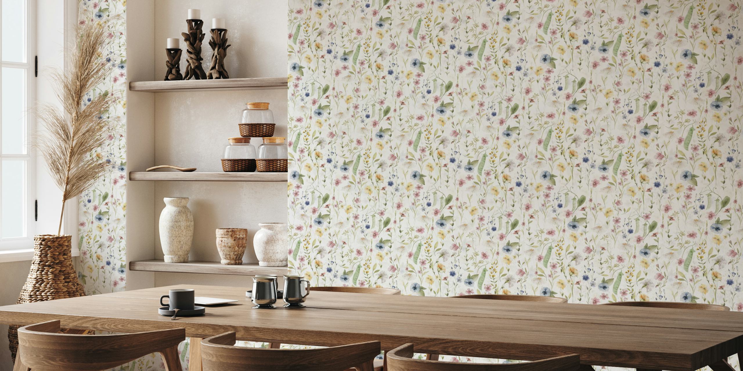 Hand-painted watercolor summer flower meadow wall mural