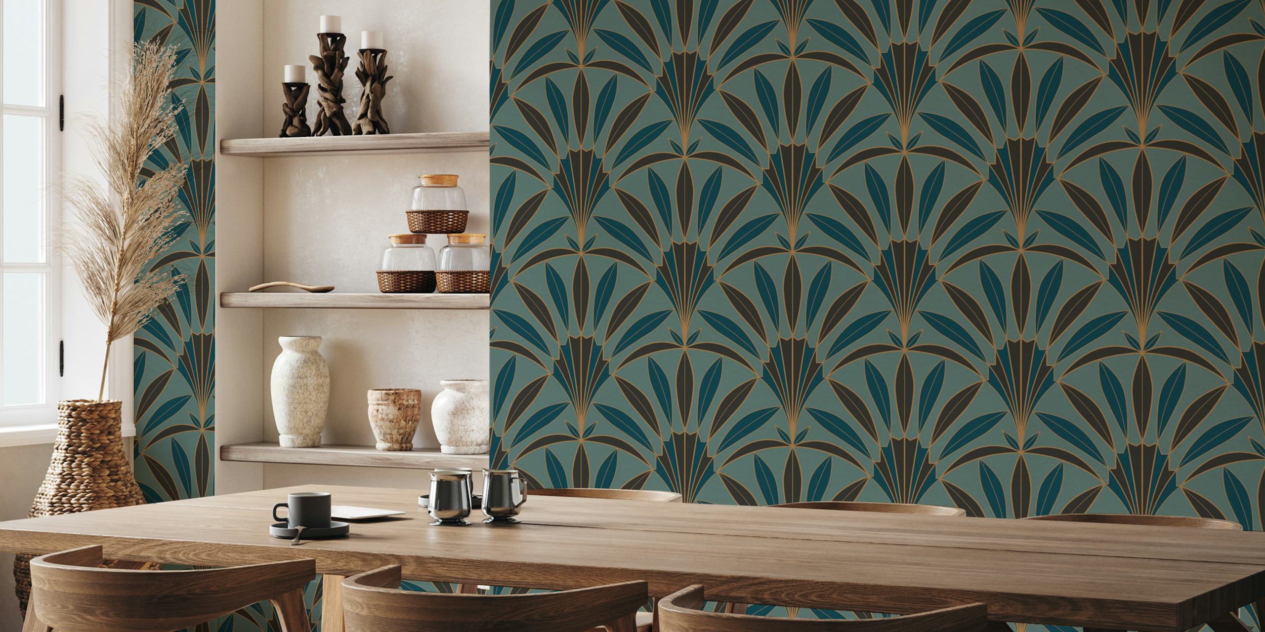 Art Deco palm leaves fan design in teal and dark colors wallpaper