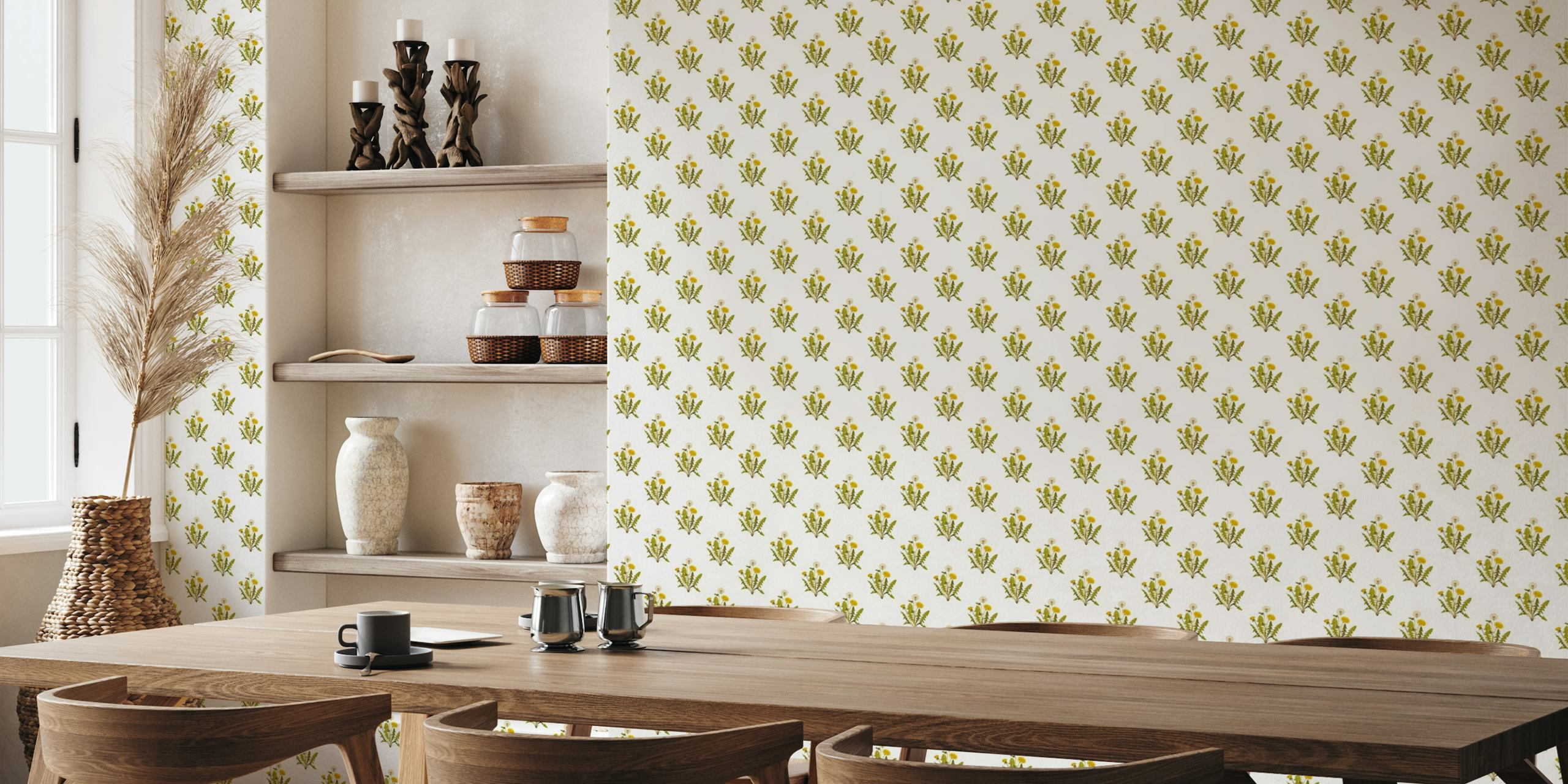 Cute dandelion pattern wallpaper featuring yellow blossoms and green stems on a neutral background