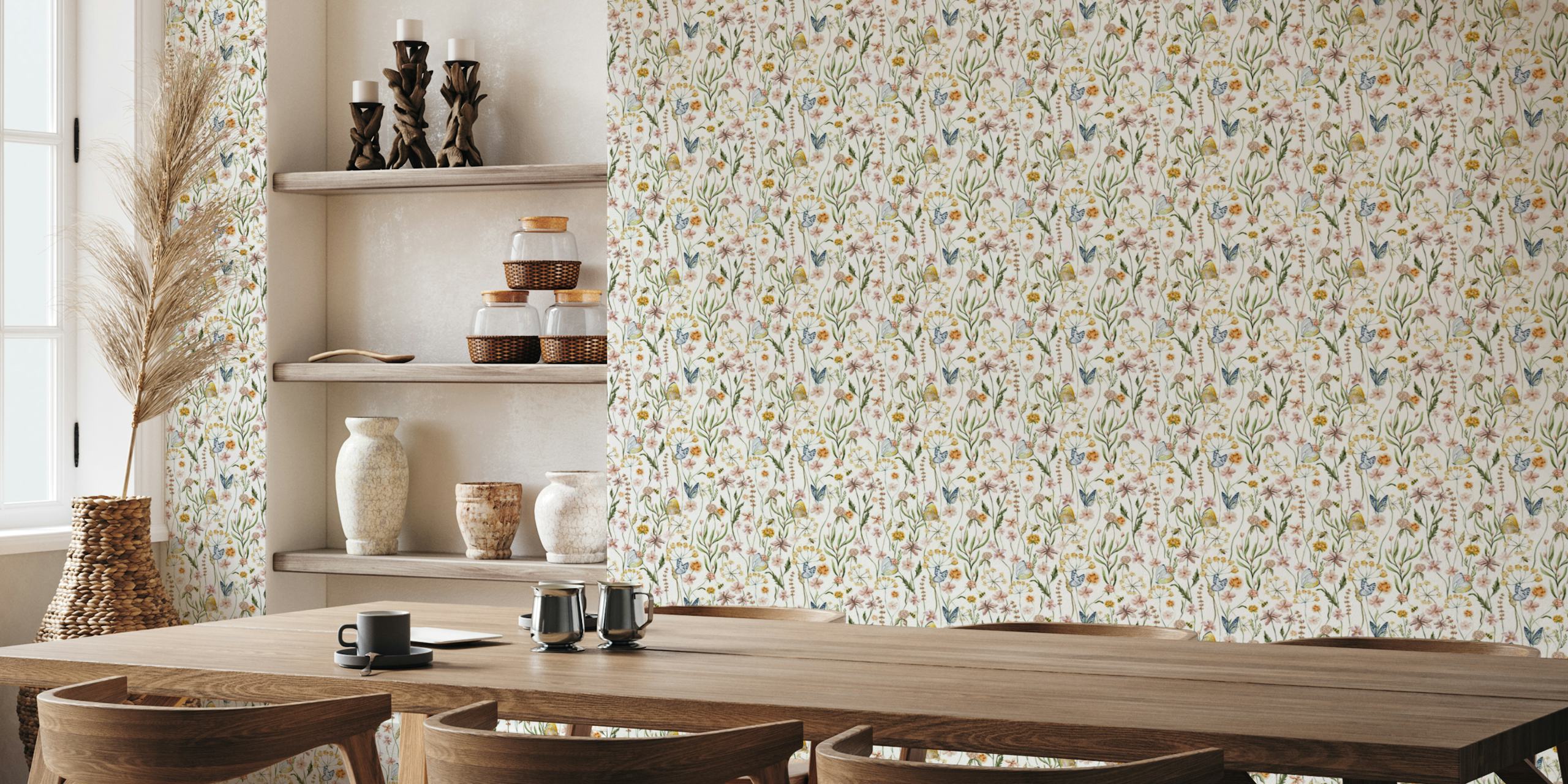 Colorful floral patterns with butterflies in soft pastels wallpaper