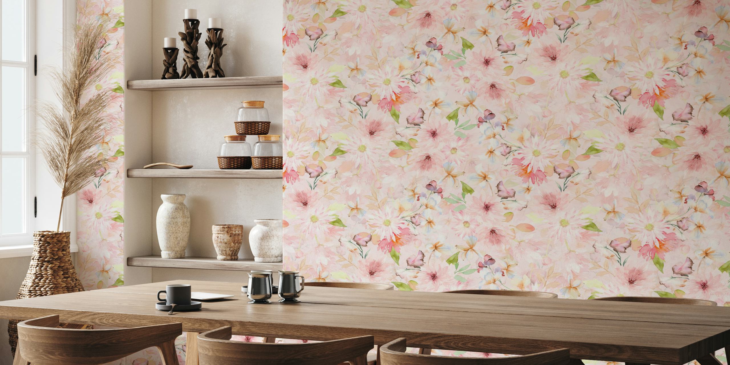 Blush Pink Flowers Meadow wall mural with soft pink petals and blossoms