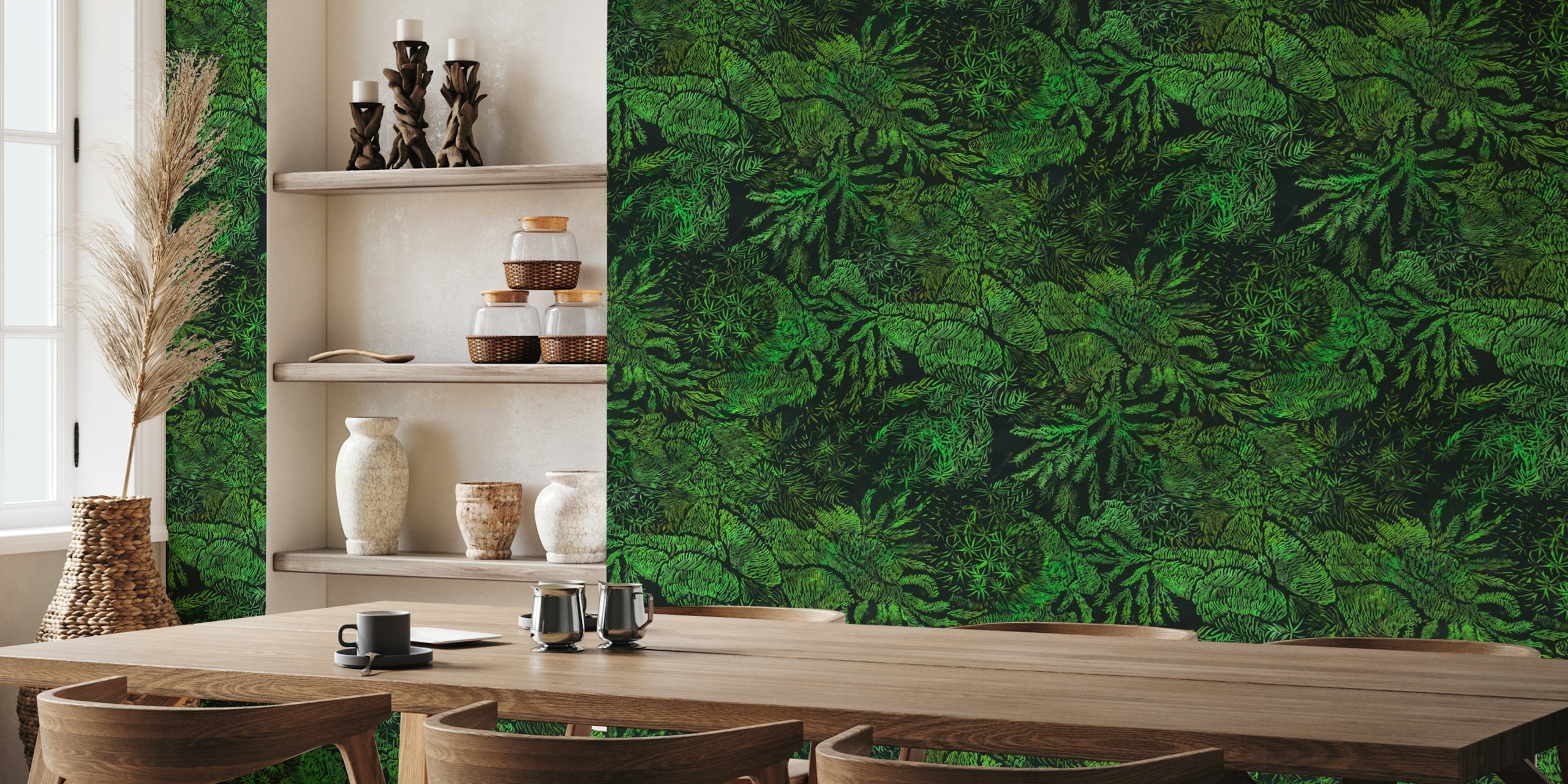 Moss green forest floor wallpaper in a room