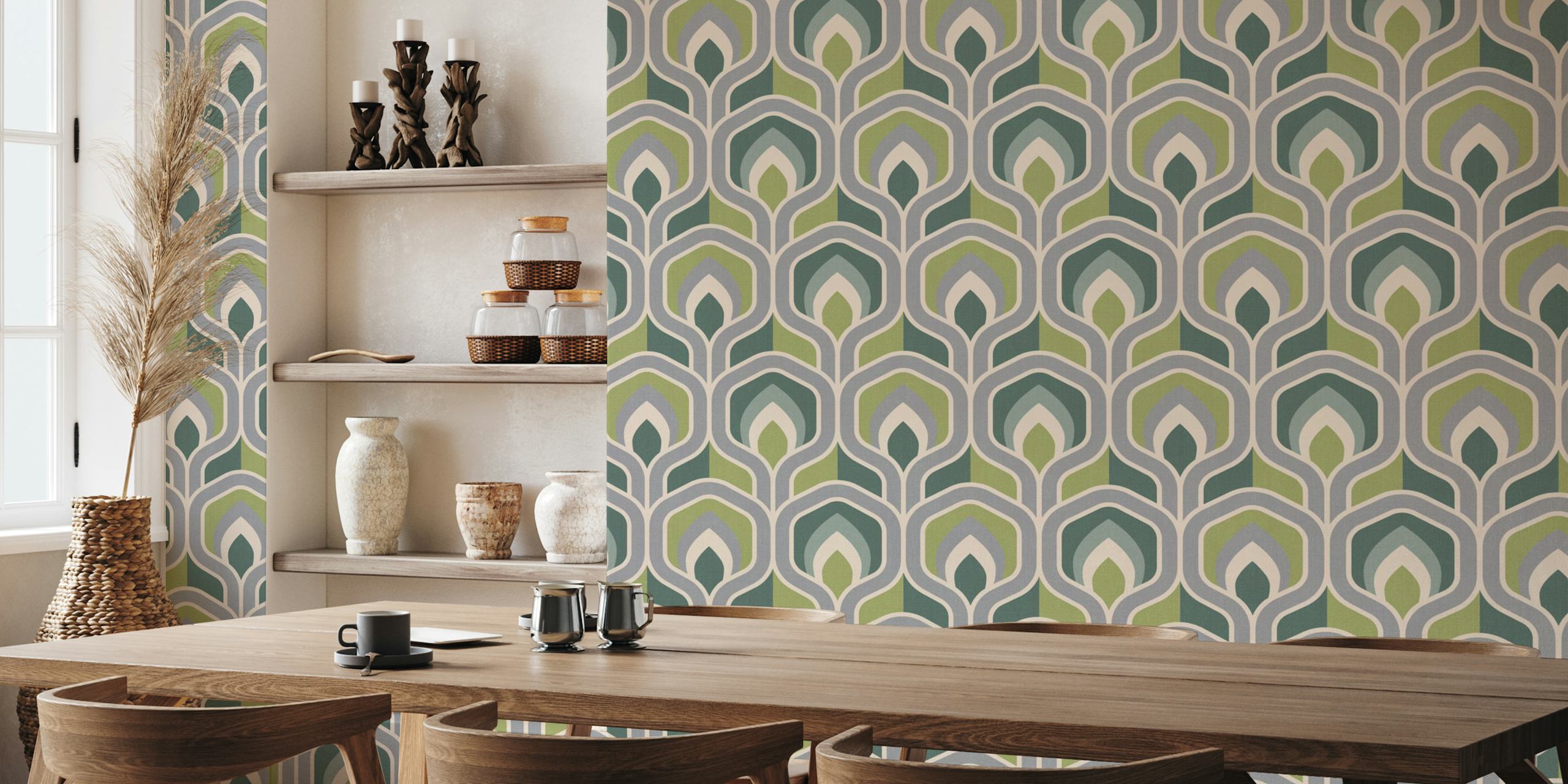 Geometric green and cream pattern wallpaper