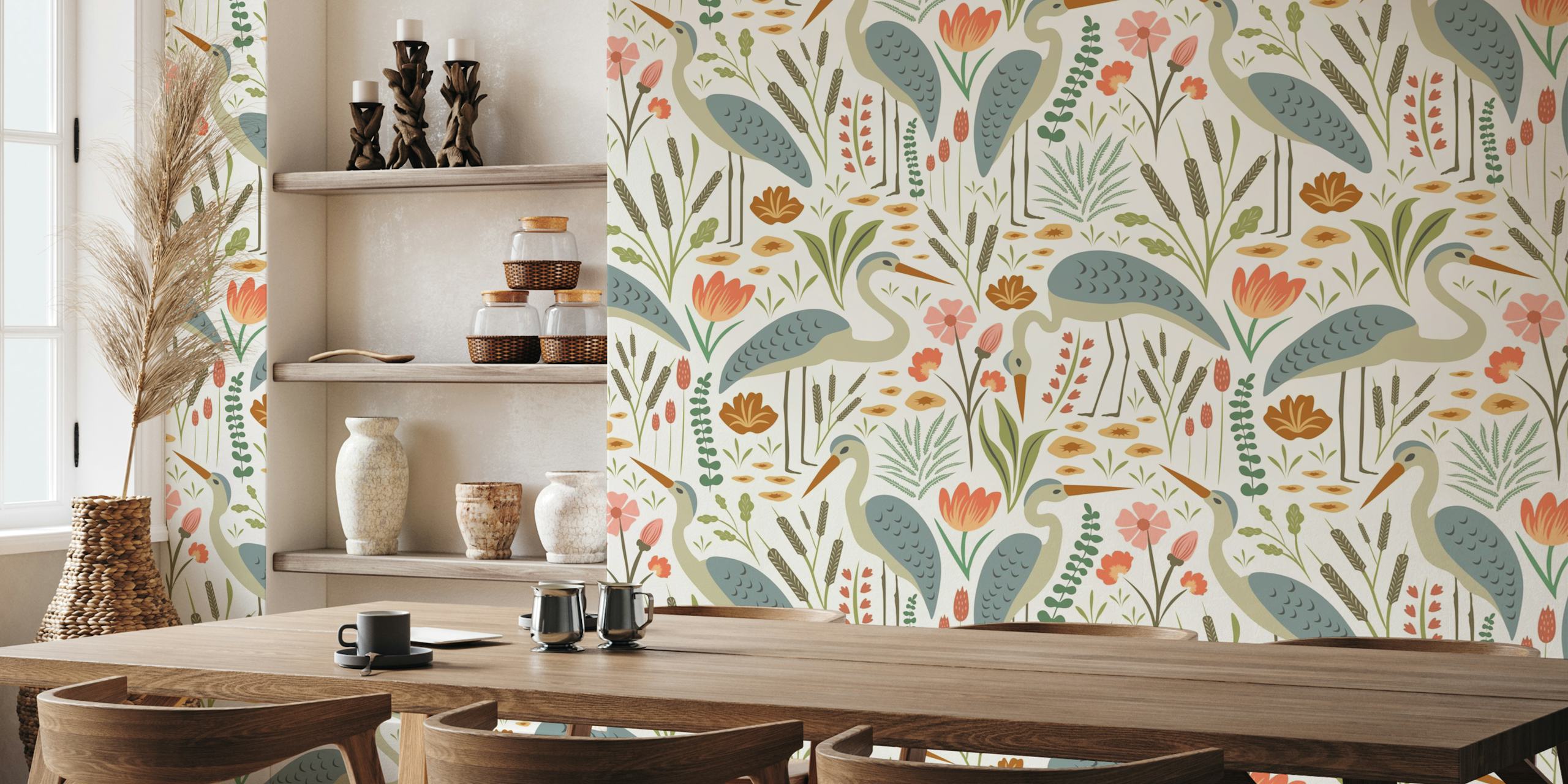 Heron and swamp plants wallpaper in a room
