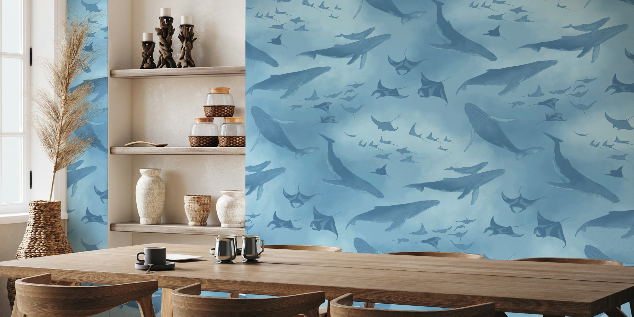 Baby blue ocean-themed wall mural with marine wildlife illustrations