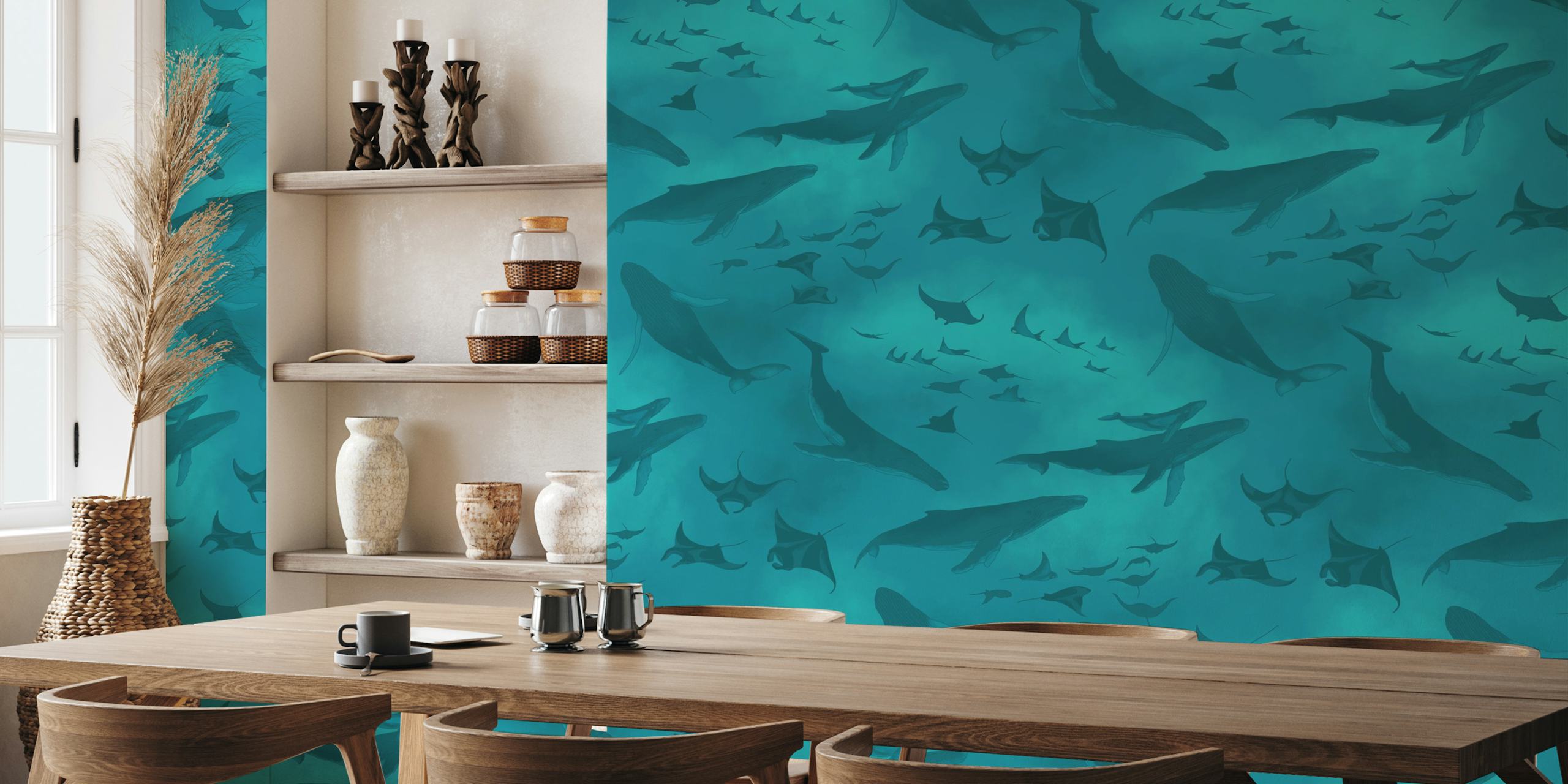 Teal ocean wallpaper with large whales and manta rays
