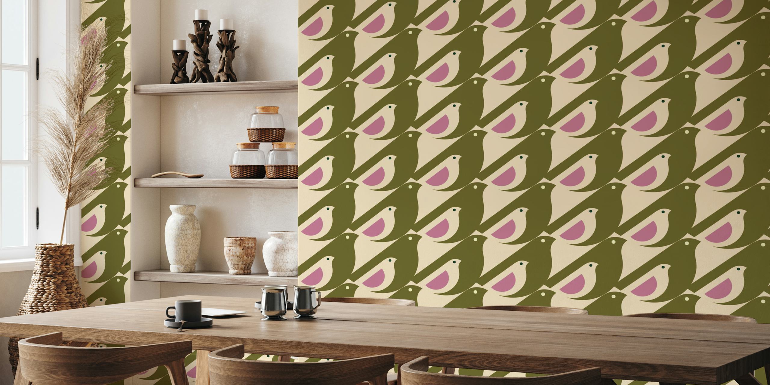 Stylized birds with pink and olive accents wallpaper