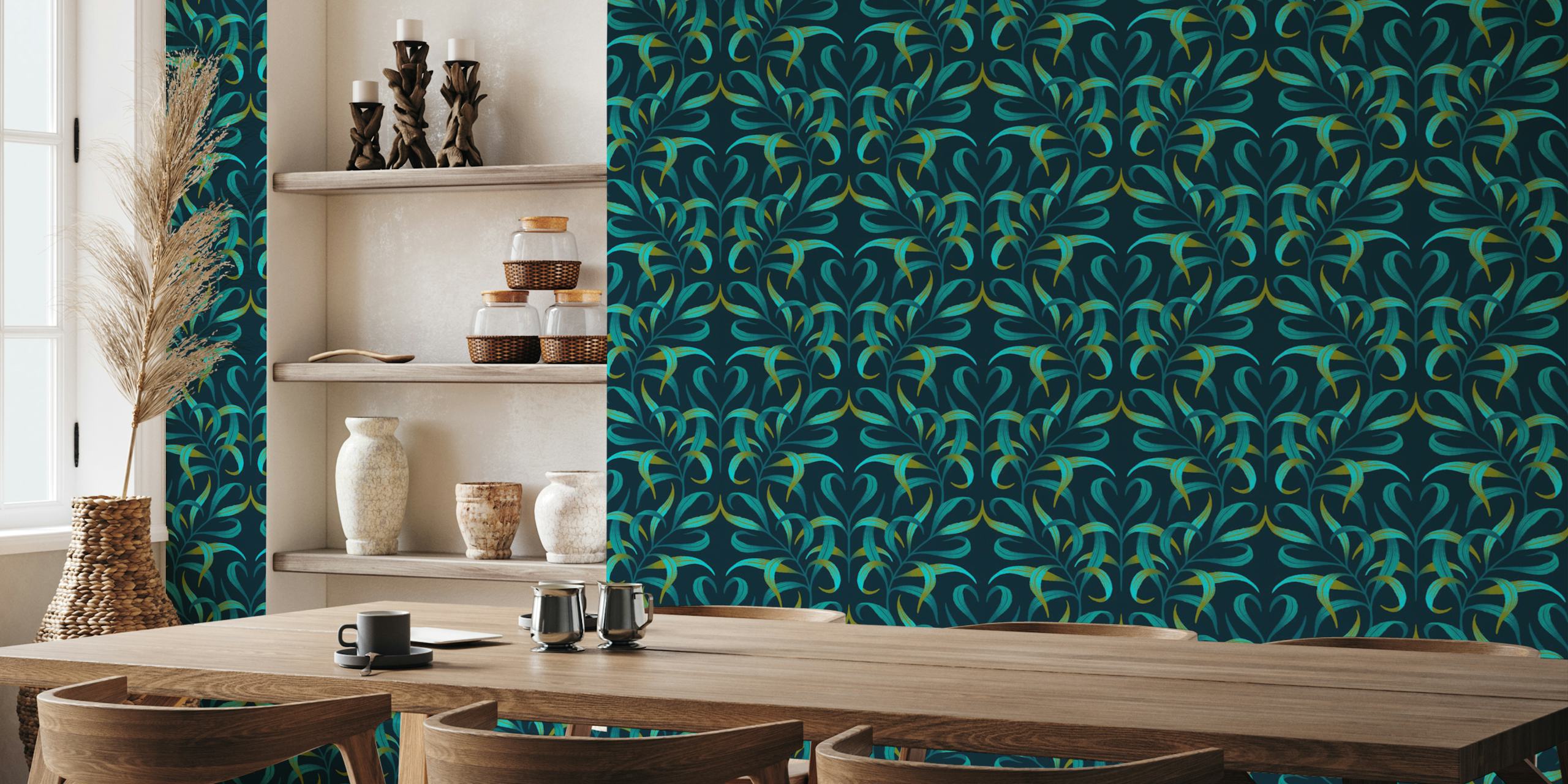 Tapeta Curled Leaves w emerald green i teal