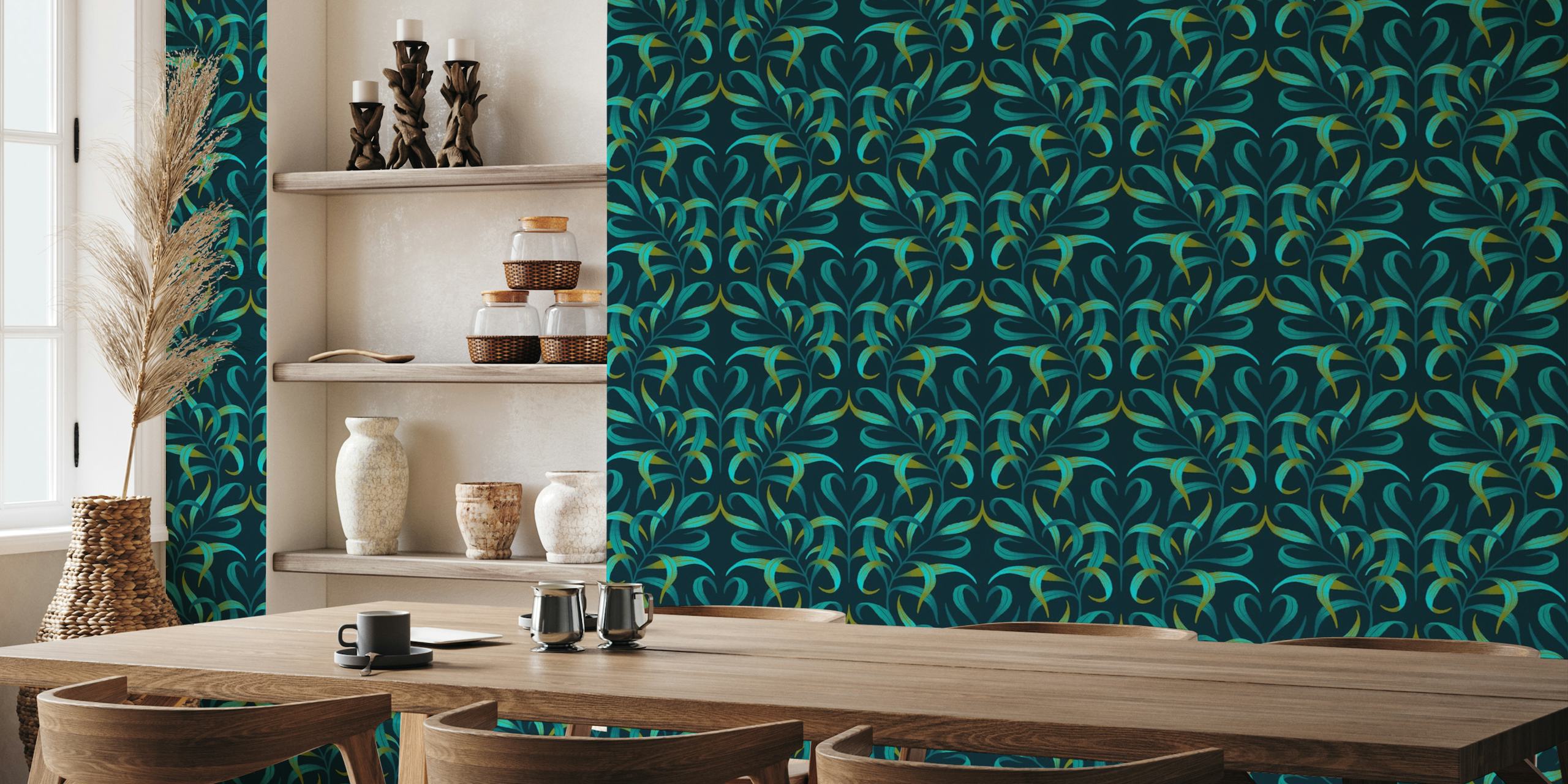 Curled Leaves - Emerald Green / Teal wallpaper