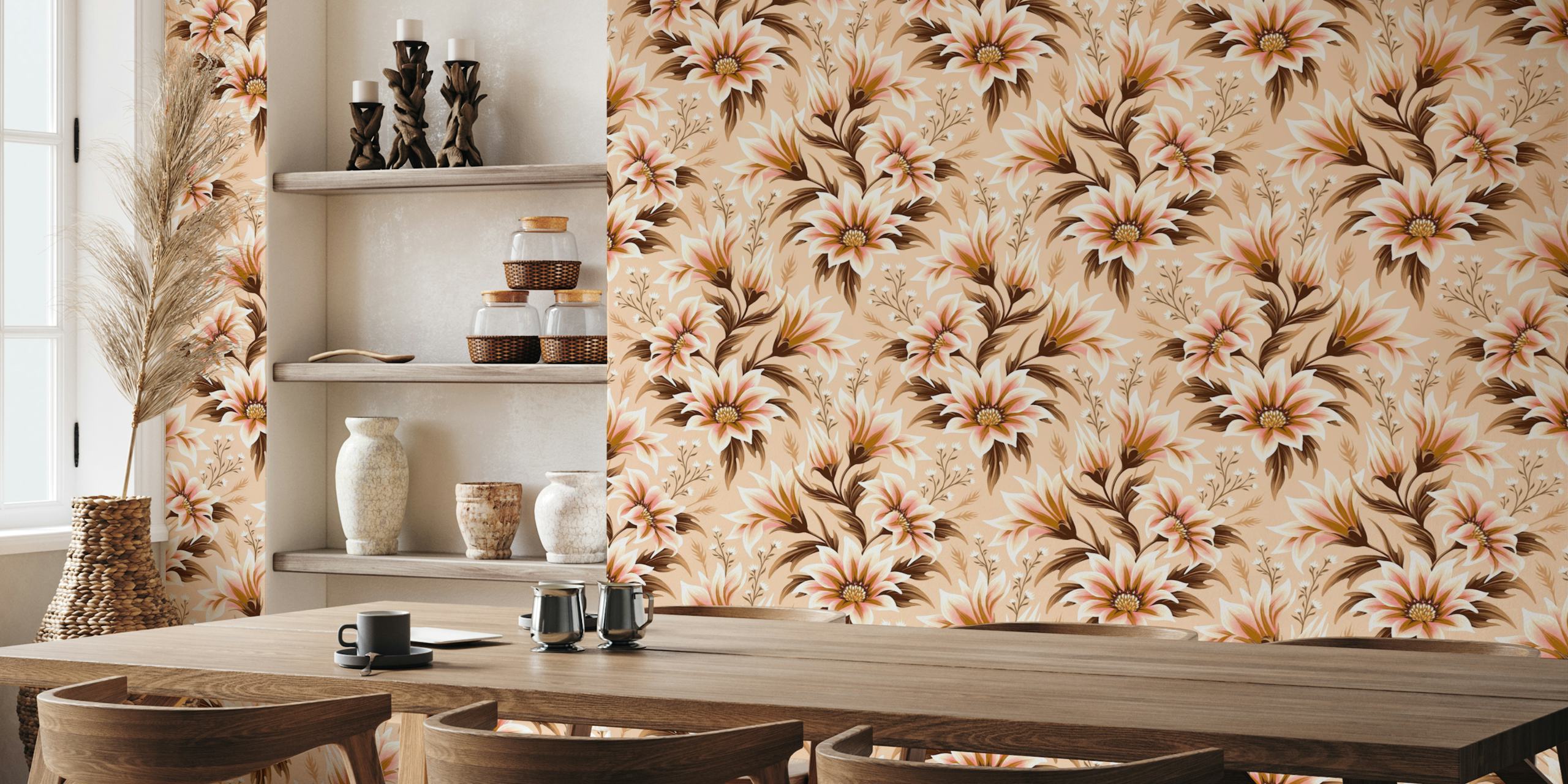 Gazania Floral - Cream wall mural with cream gazania flowers and earth-toned foliage