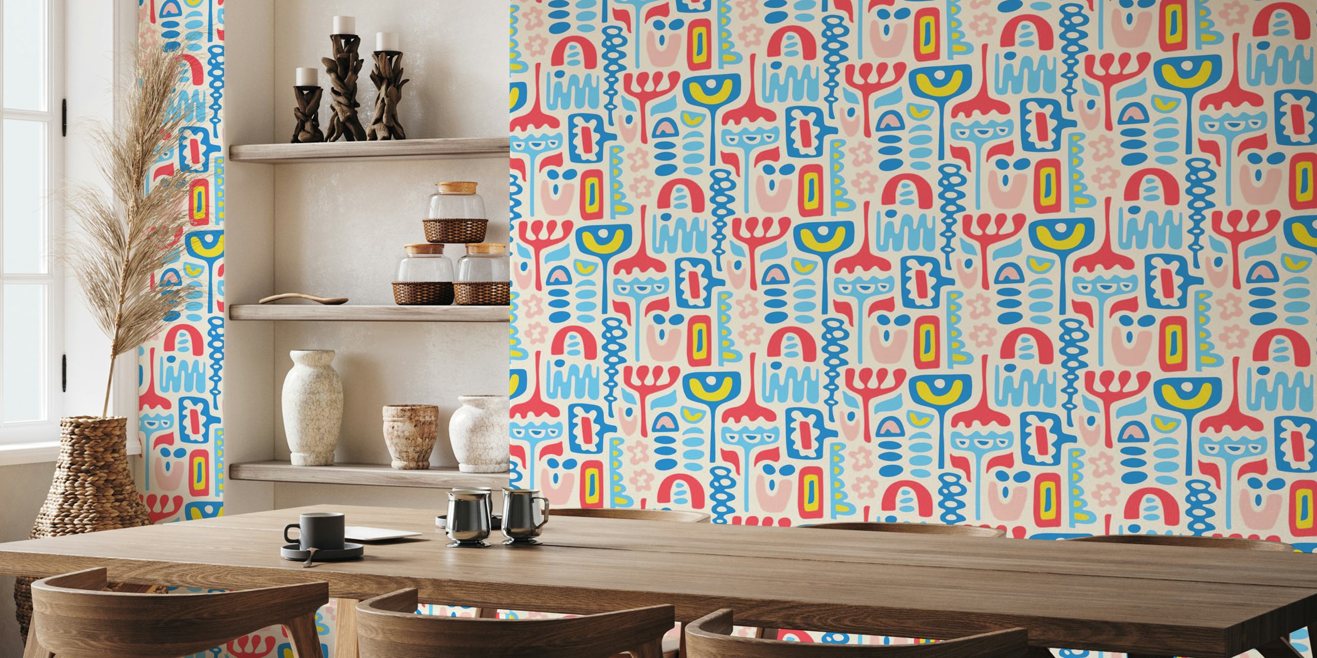 Colorful abstract shapes in red, blue, and pink wallpaper