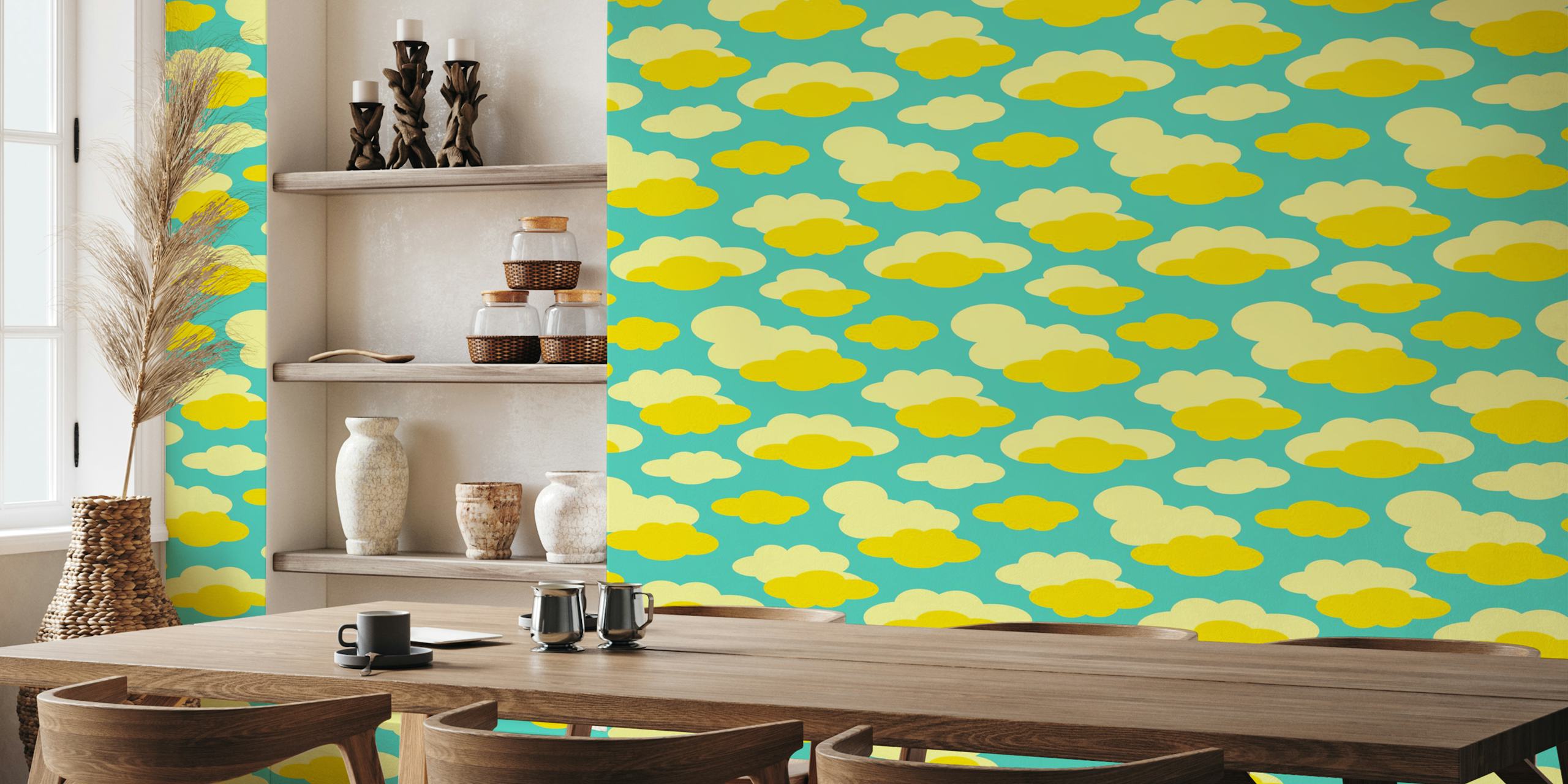 Fluffy yellow and cream clouds on a turquoise background wallpaper