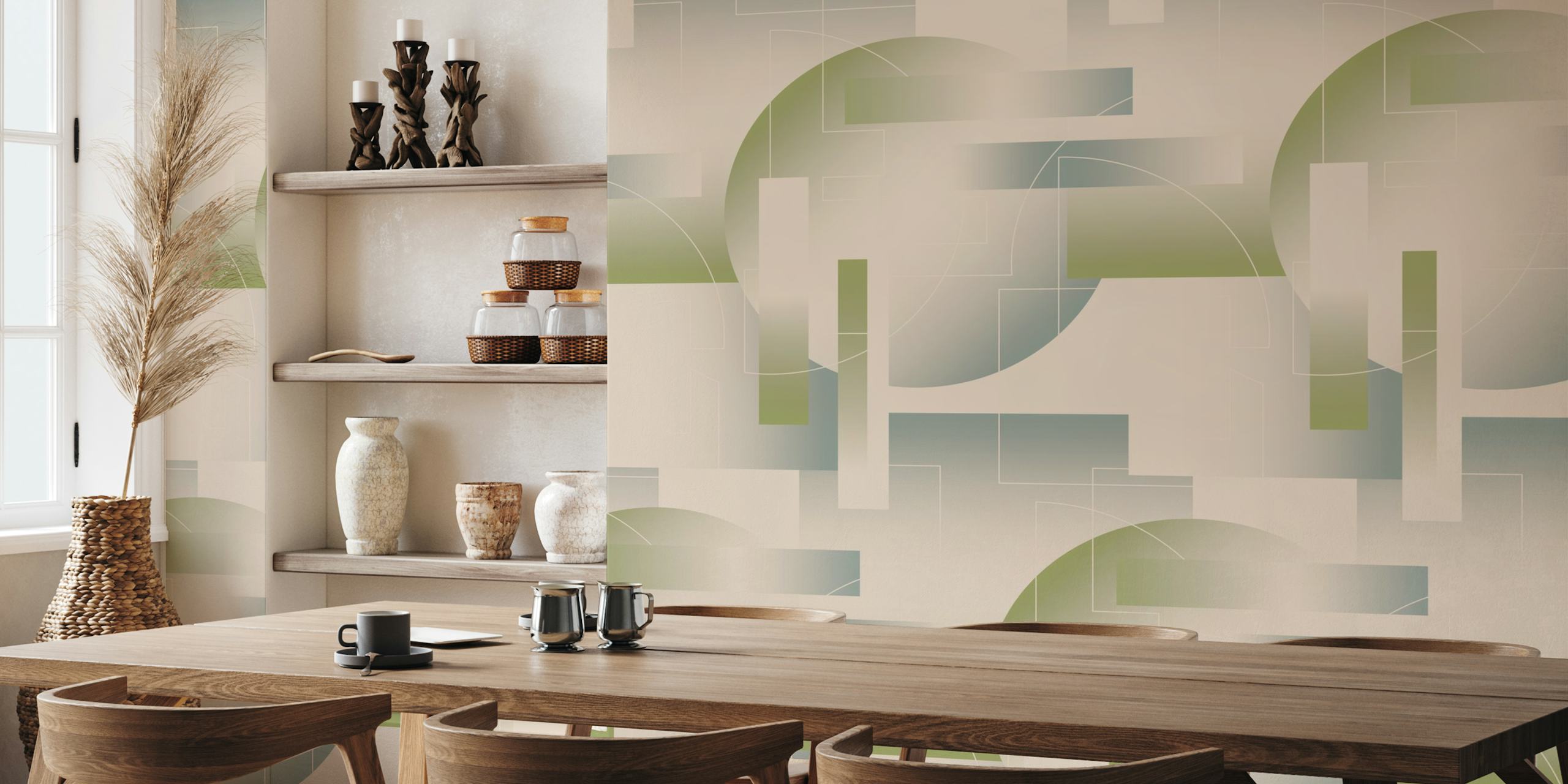 Geometric gradient beige green wallpaper in a room