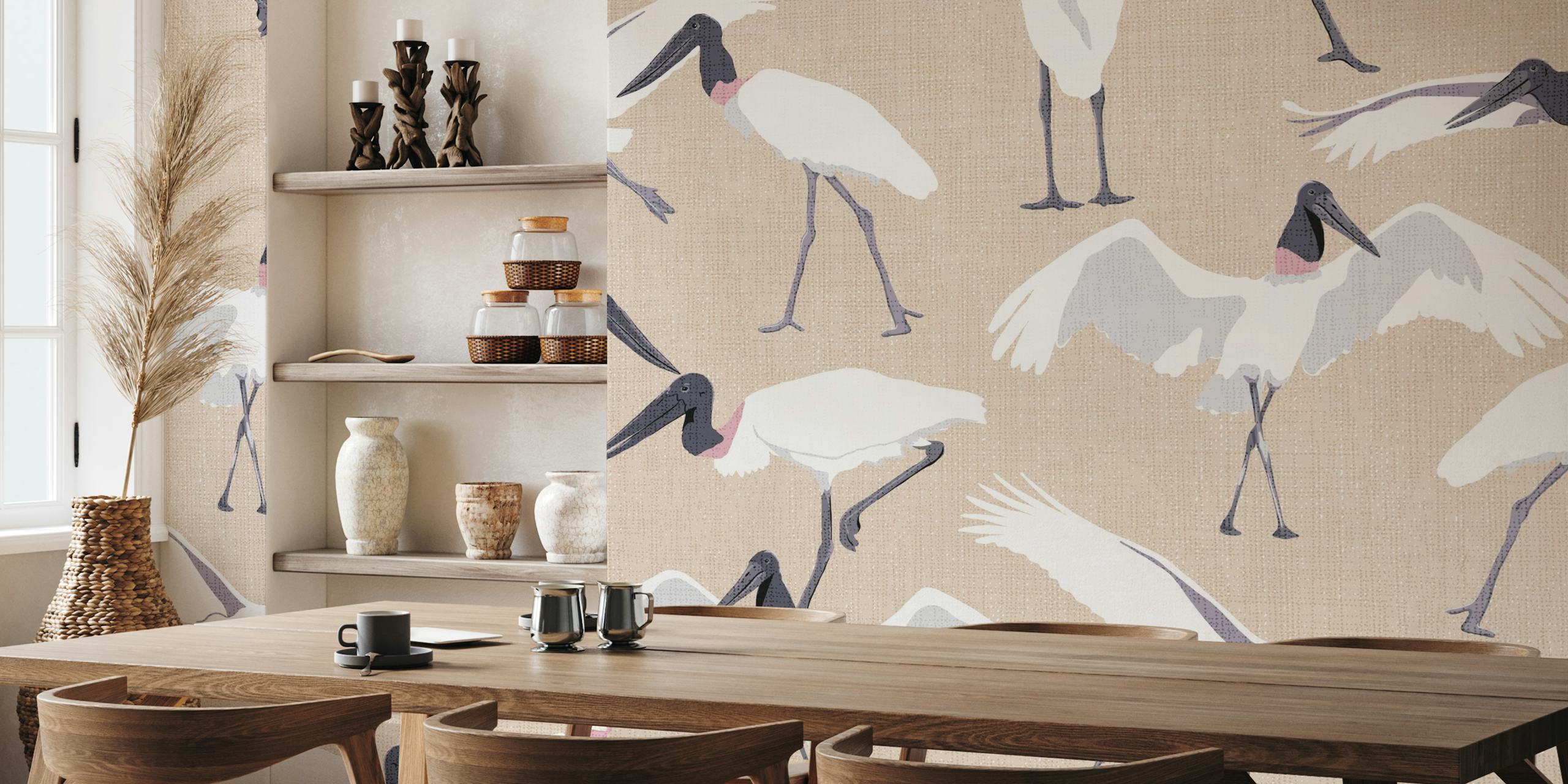 Fotomural ilustración estilizada de elegantes pájaros Tuiuiu sobre un fondo beige arena