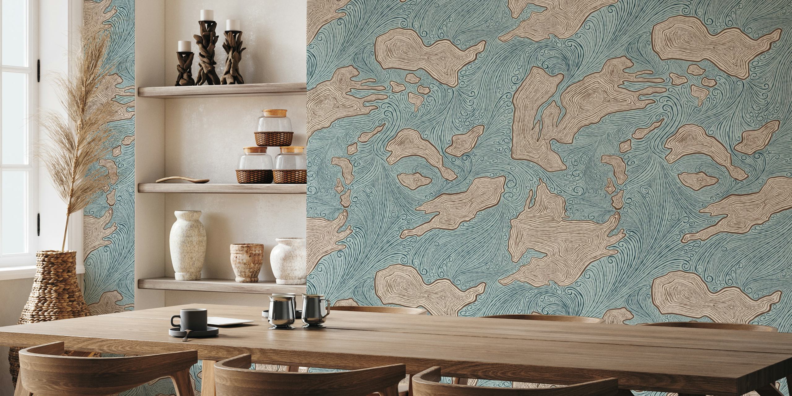 Abstract fotobehang met eilandvormen in rustgevende blauw- en aardetinten genaamd 'Undiscovered Islands'.
