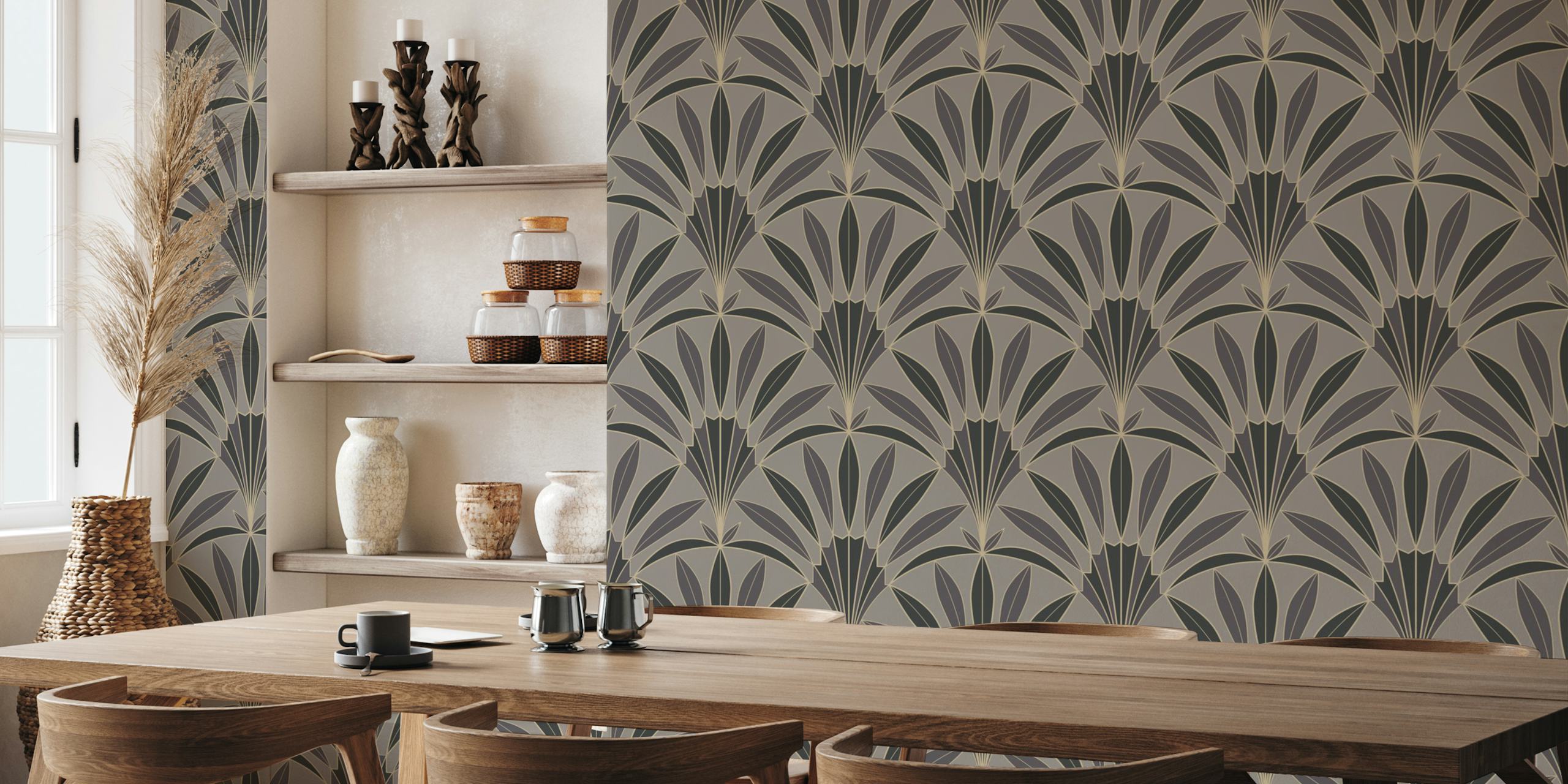 Art Deco palm leaves pattern in taupe and anthracite wallpaper