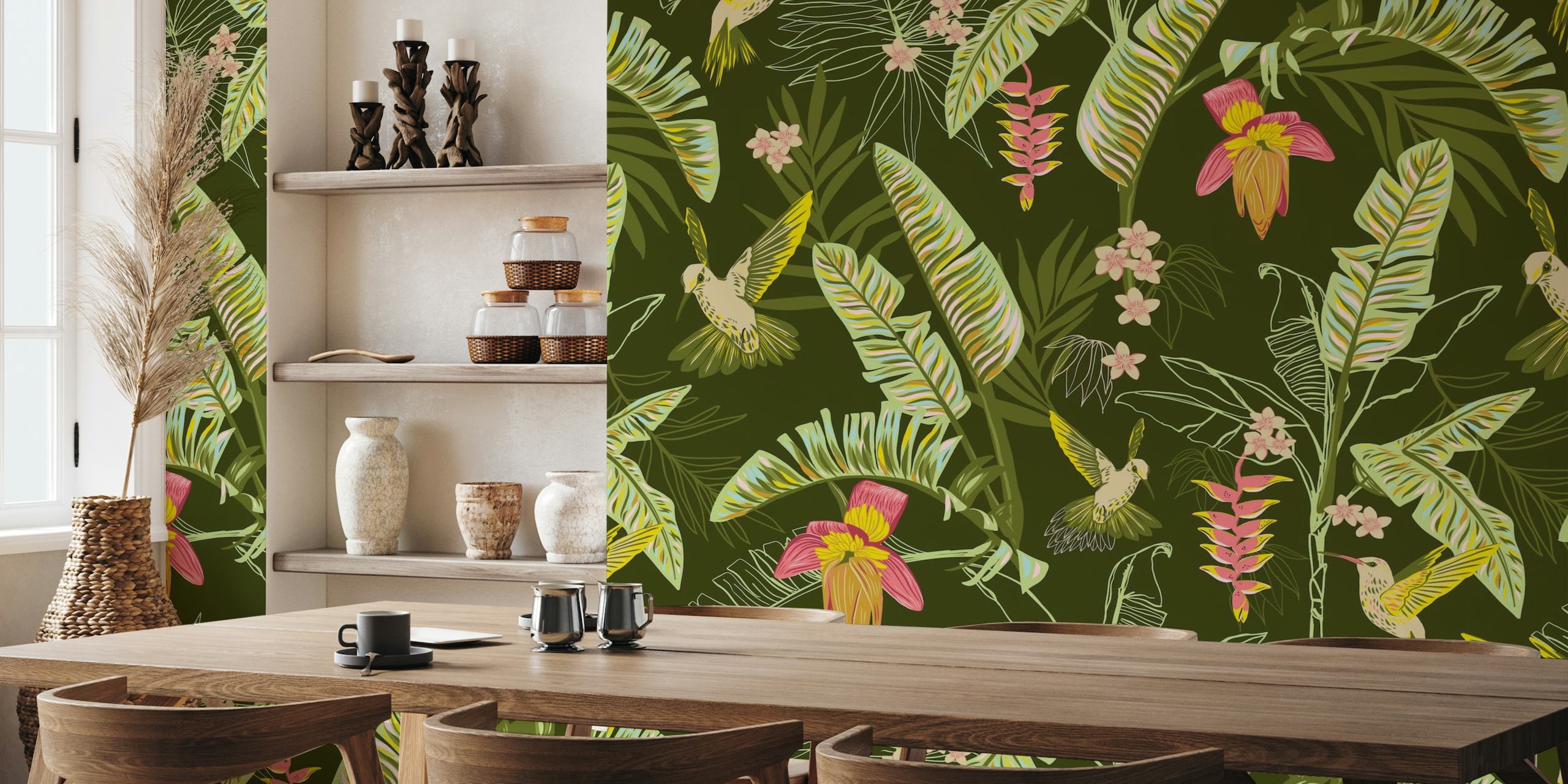 Banana leaves and hummingbirds jungle green wallpaper