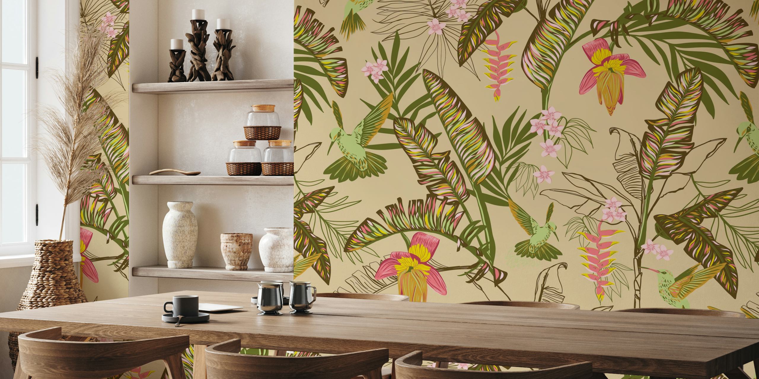 Banana leaves and hummingbirds wallpaper in room