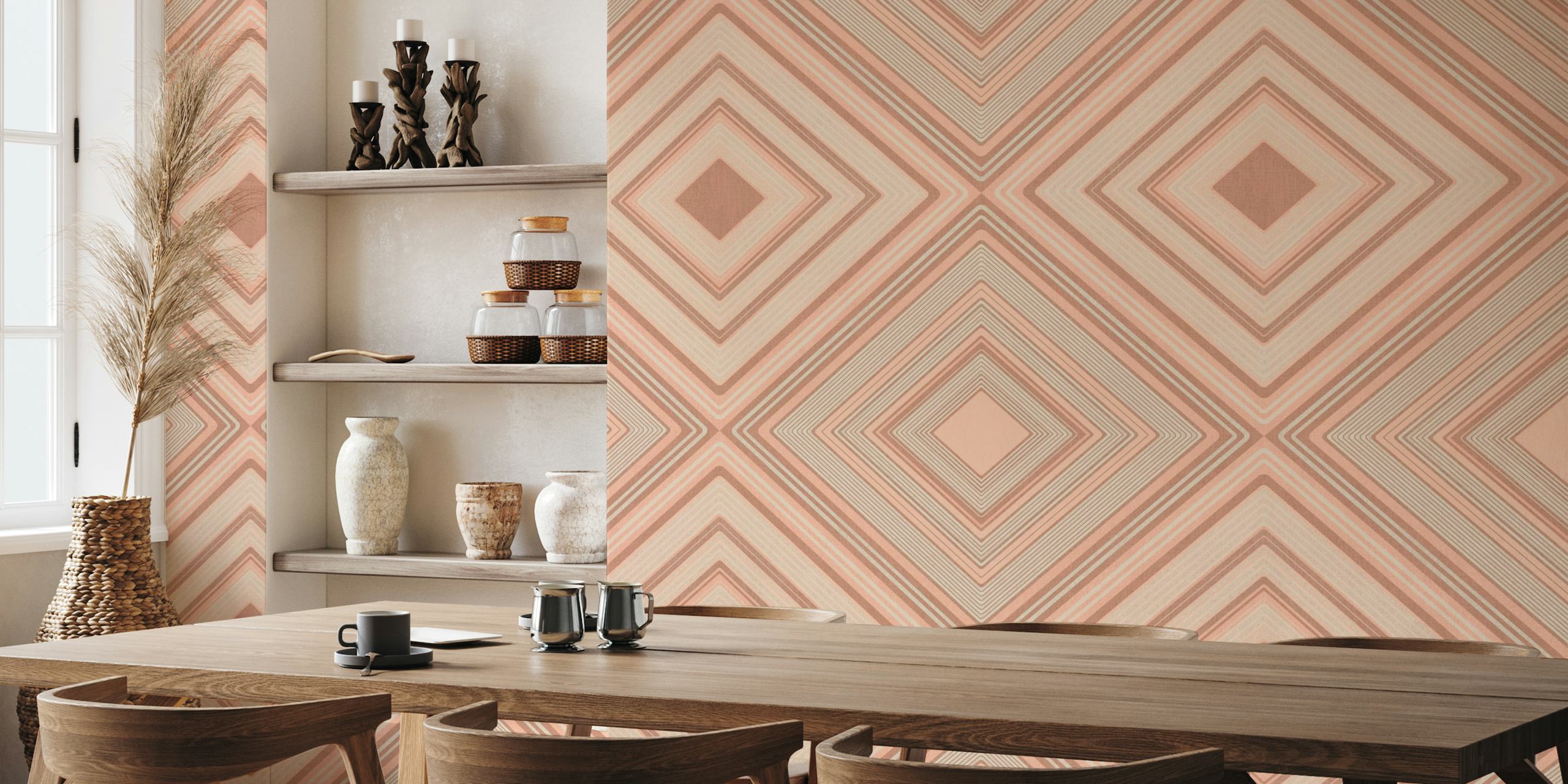 Retro lounge-style diamond pattern wall mural in peach and neutral tones
