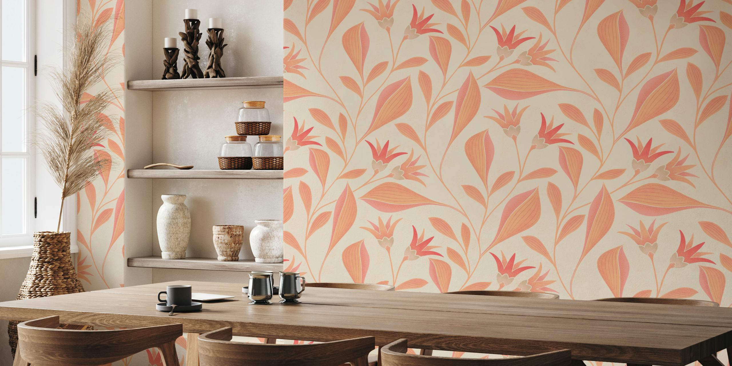 Design de papel de parede Pantone Peach Fuzz airy flowers and leaves