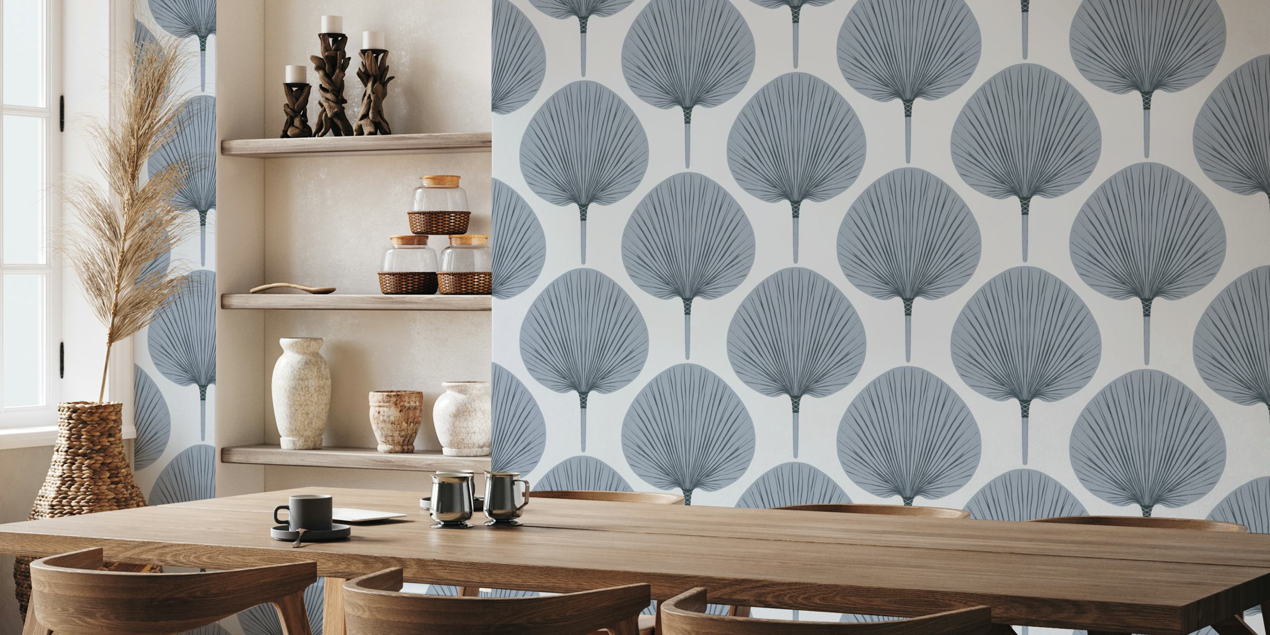 Gray palm leaf pattern wallpaper with intricate leaf designs.