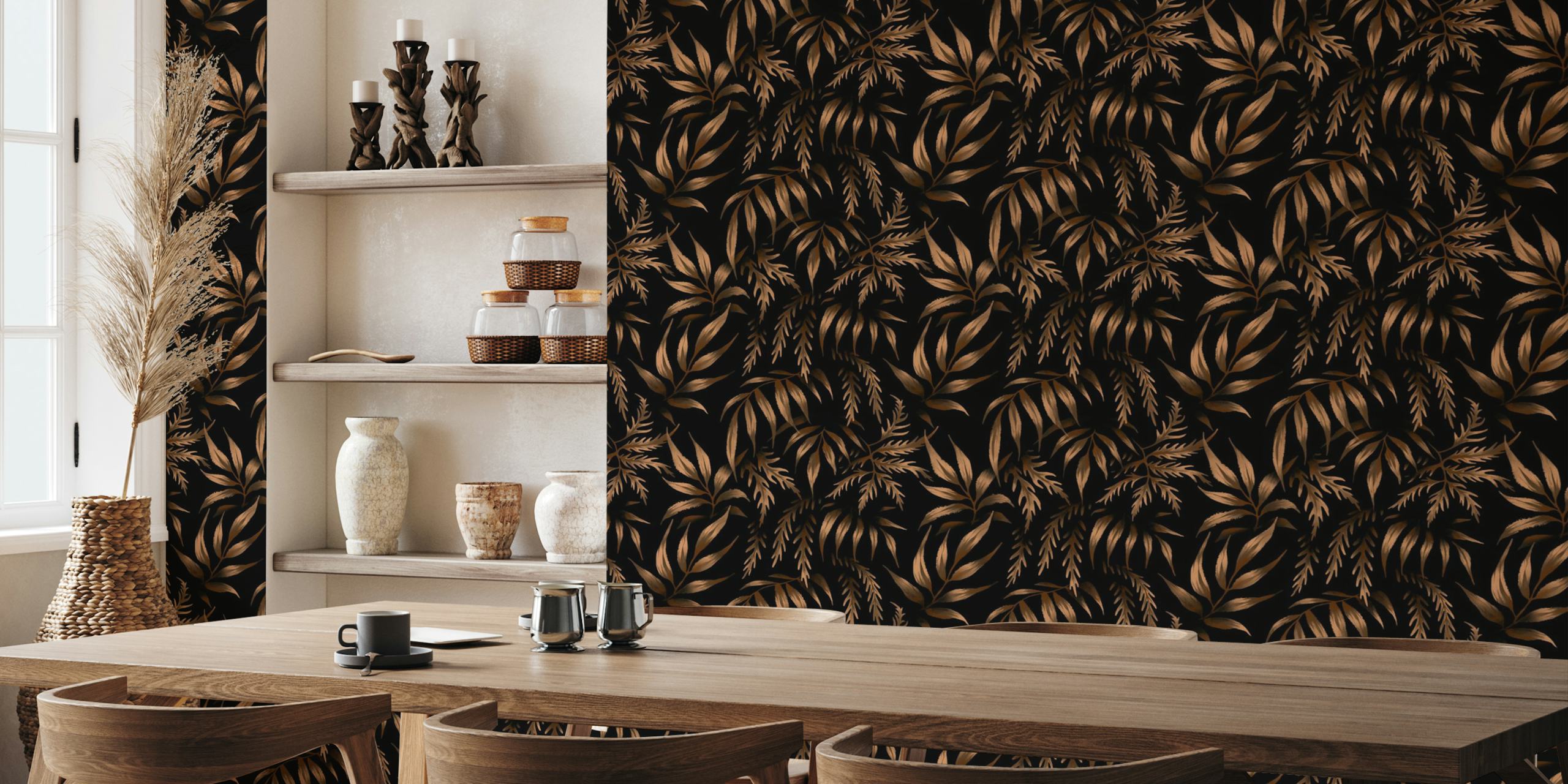 Brown fern leaf wallpaper in a room