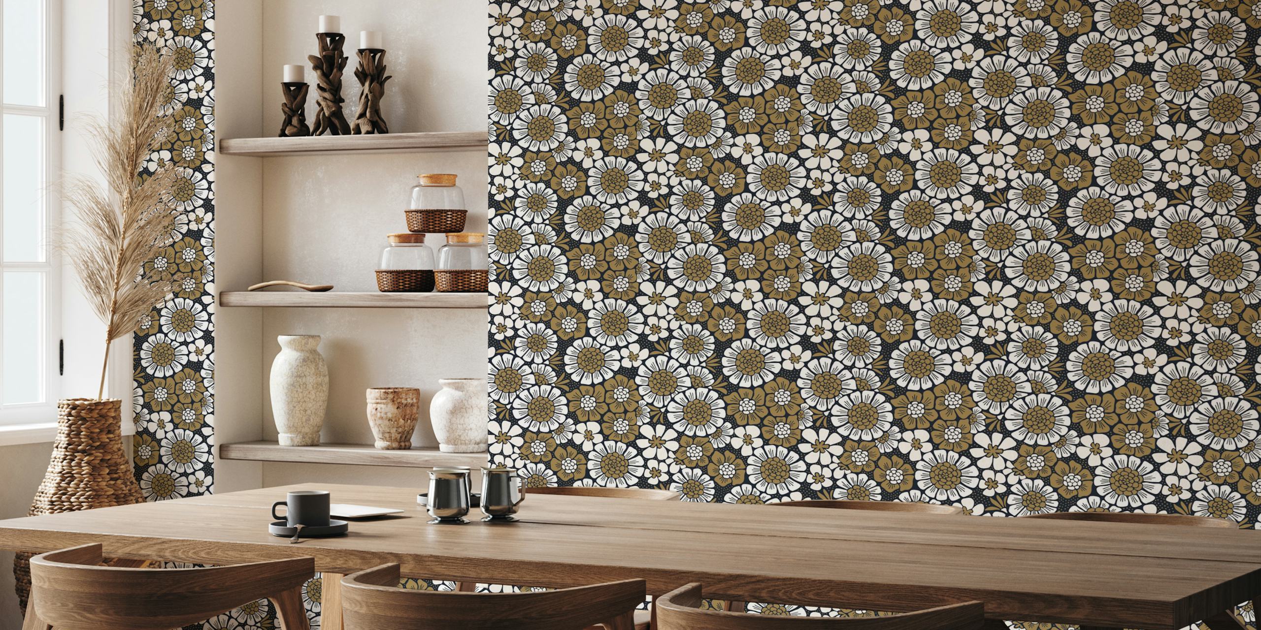 Black and gold floral pattern wallpaper featuring various flowers on a dark background