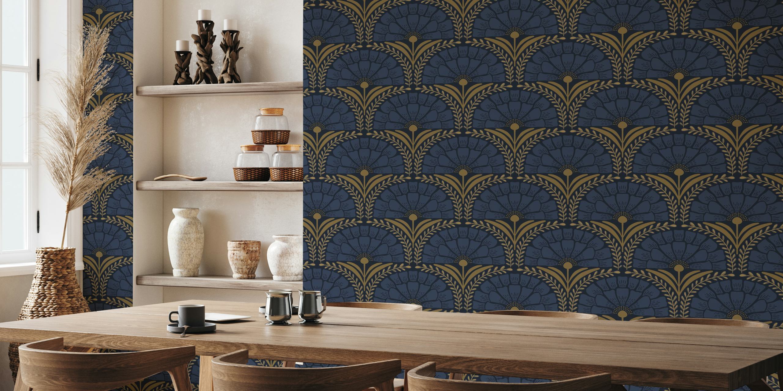 Eliza navy papel de parede exibido em um quarto