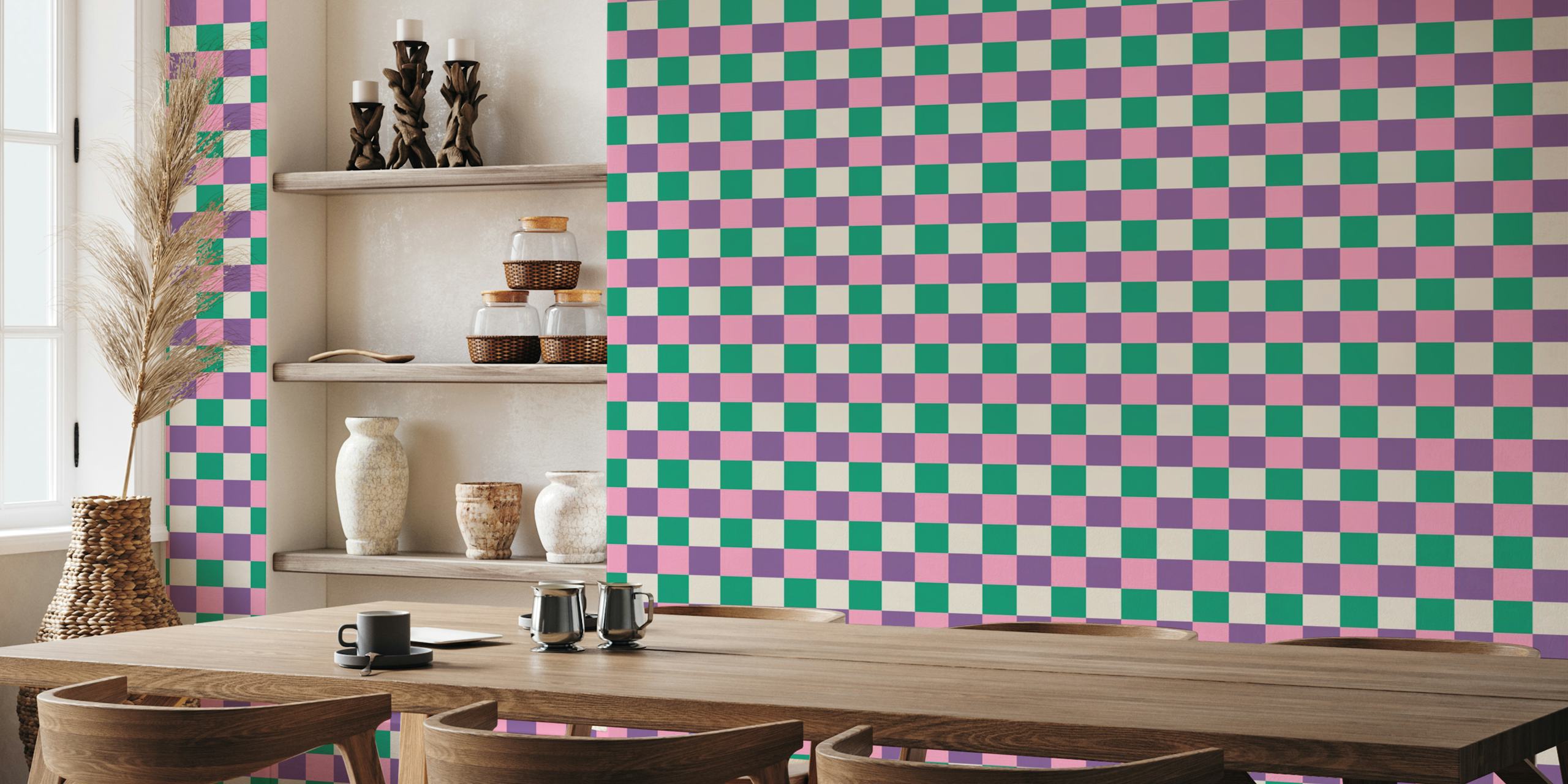 Retro-style checkerboard wall mural with alternating squares of pink, purple, and green