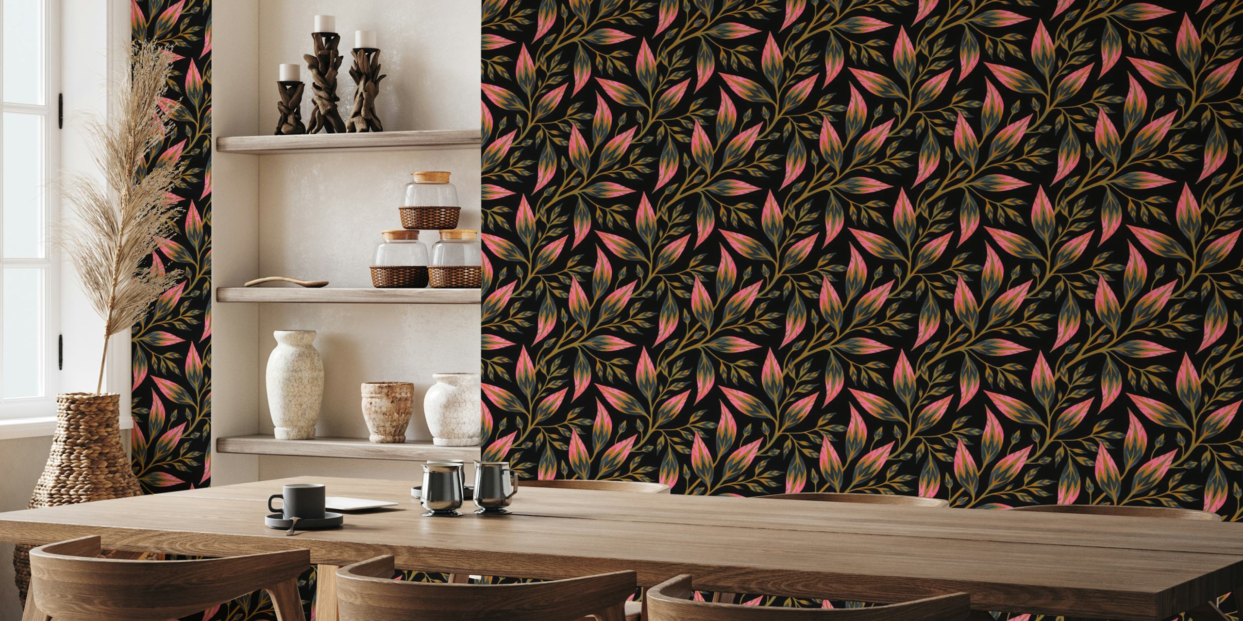 Frondescence wallpaper in olive and pink design