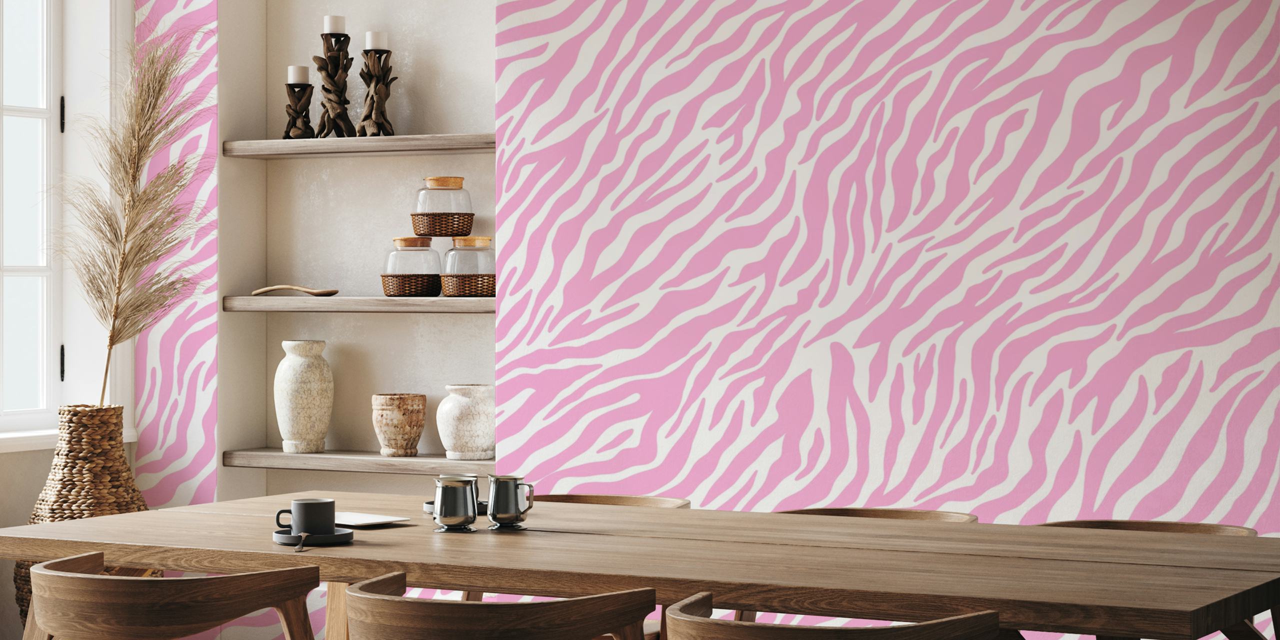 Pastel pink zebra stripes wallpaper in pink and white colors.