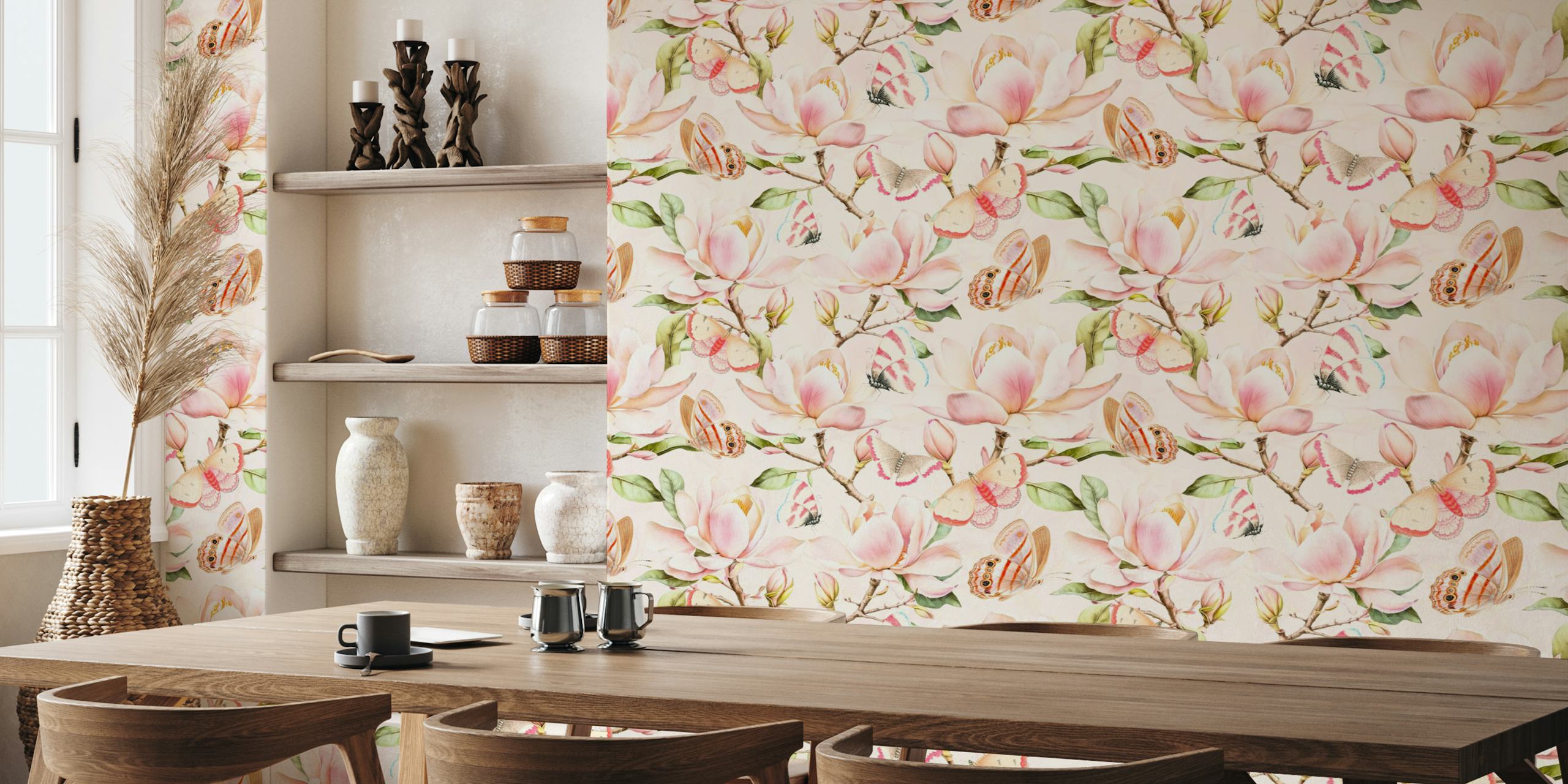 Papel de parede vintage de flores de primavera com magnólias e borboletas