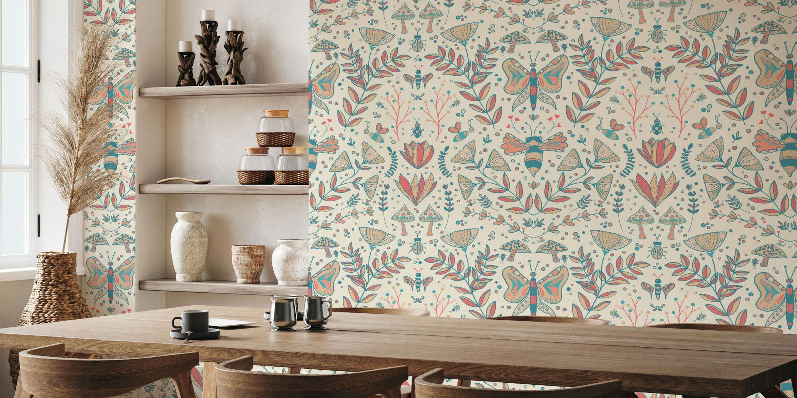 Colorful butterflies, flowers, and insects on cream background wallpaper