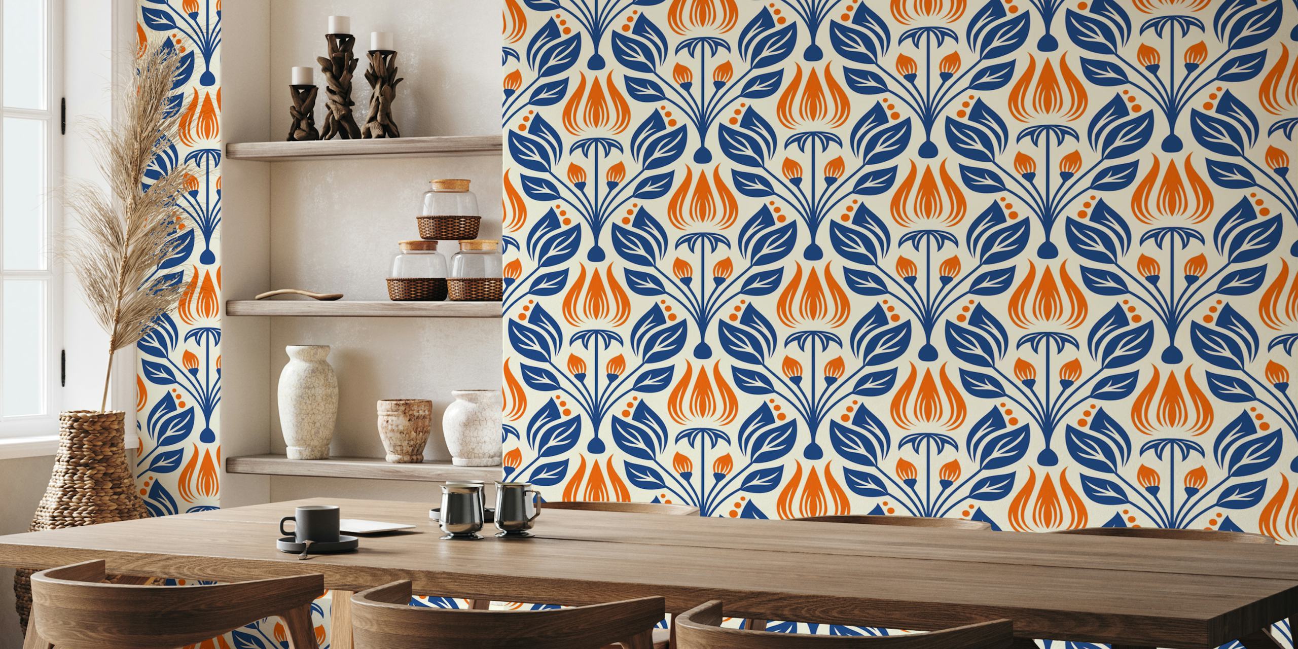 Vintage orange and blue flowers pattern wallpaper
