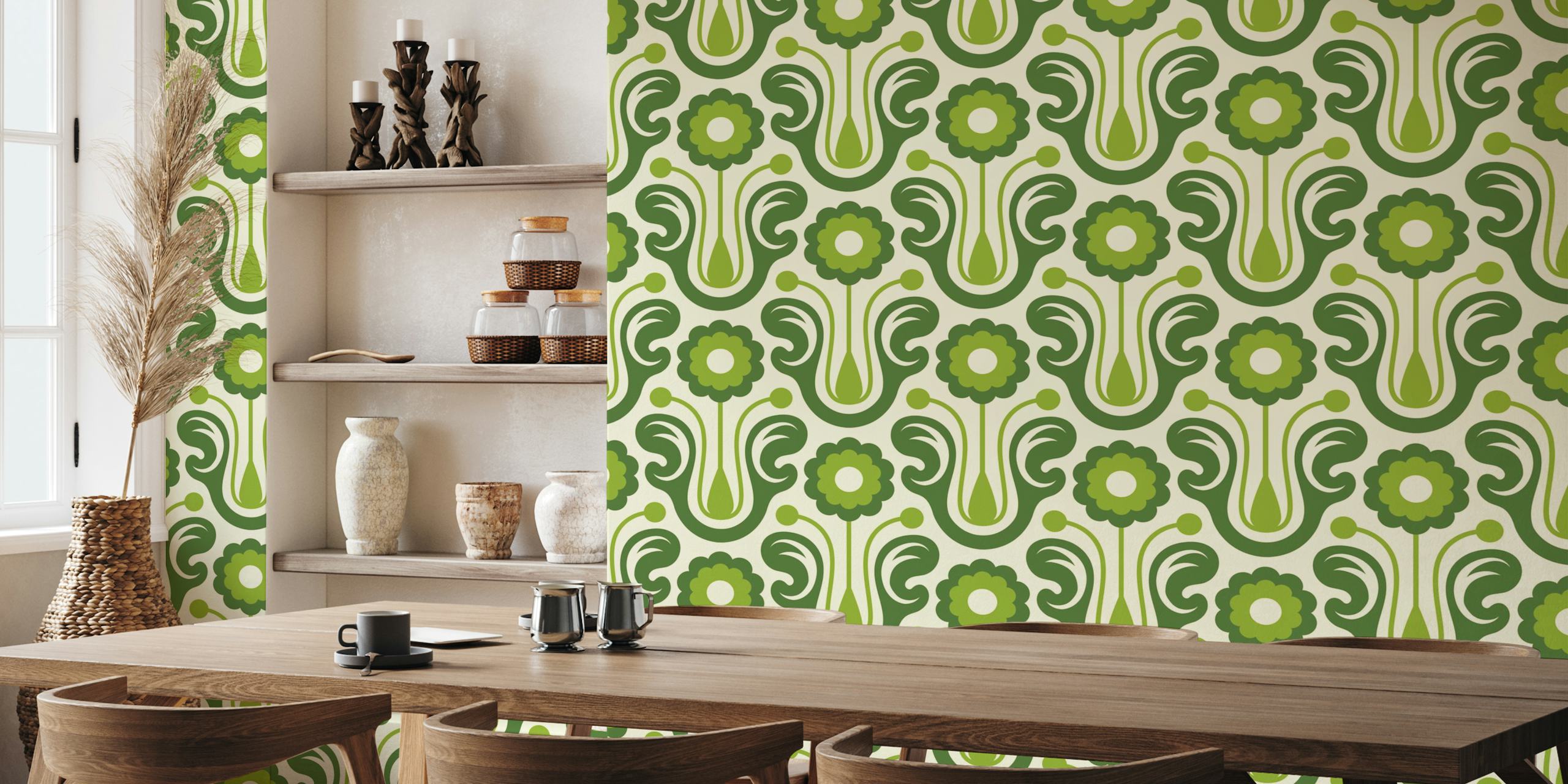 Vintage daisies monochrome green wallpaper in a room