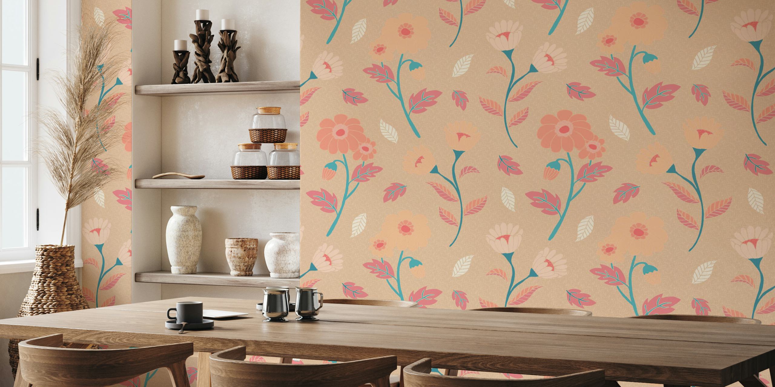 Peach Retro Flowers wallpaper design in a room
