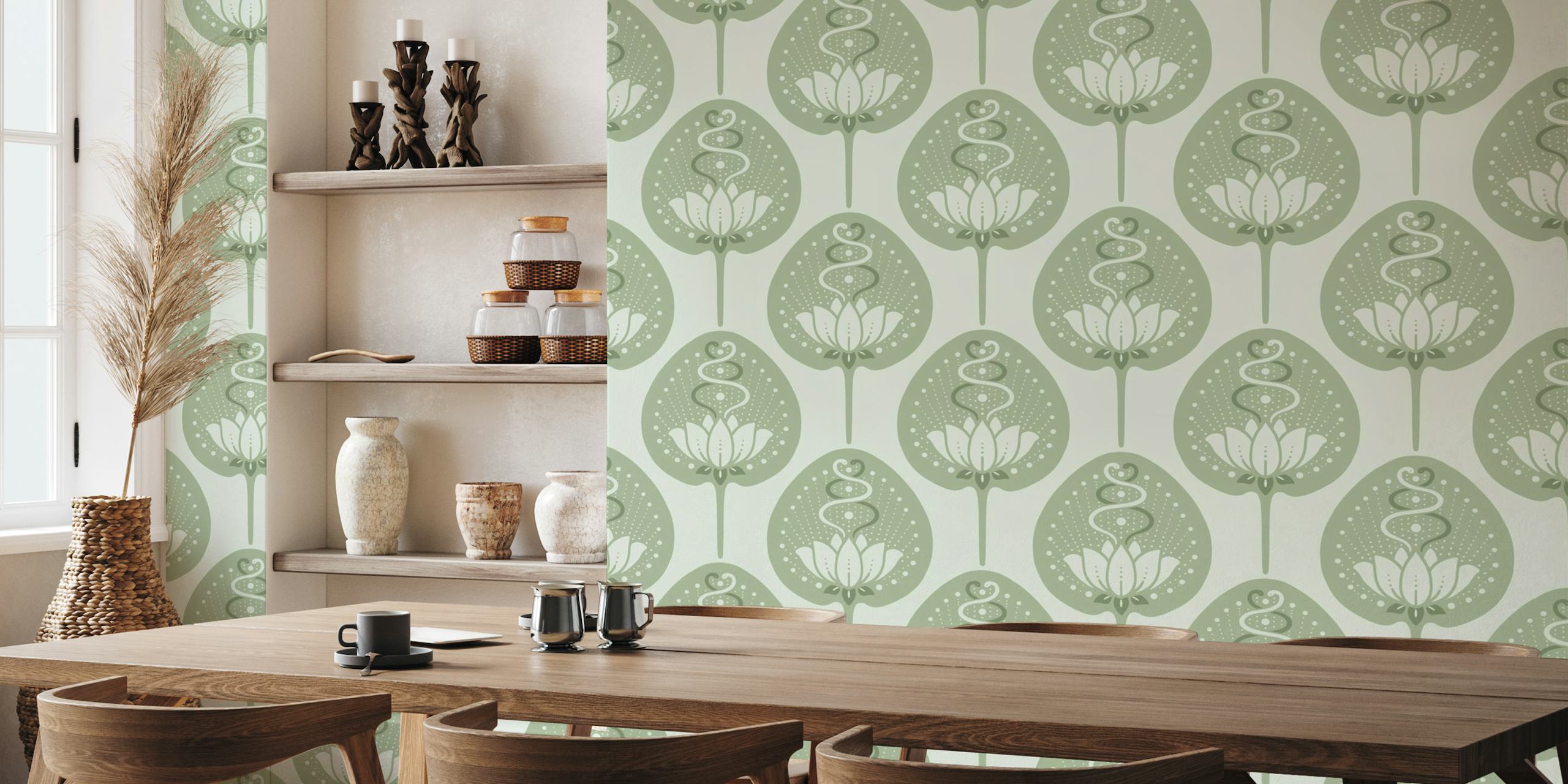 Lotus with Snakes - Sage Green wallpaper